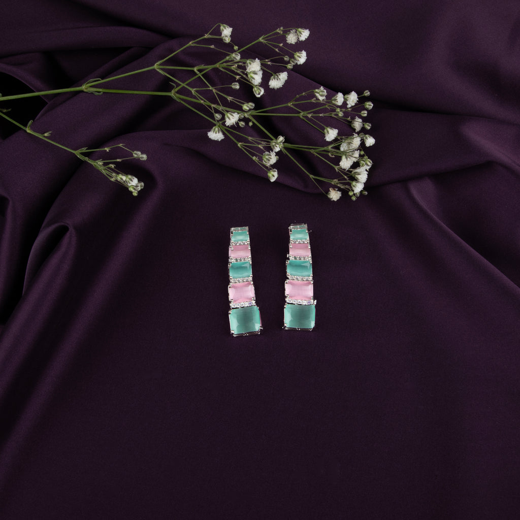 Emerald Green  and pink Gemstone Earrings with American Diamonds, 6 Rectangular Stones Each