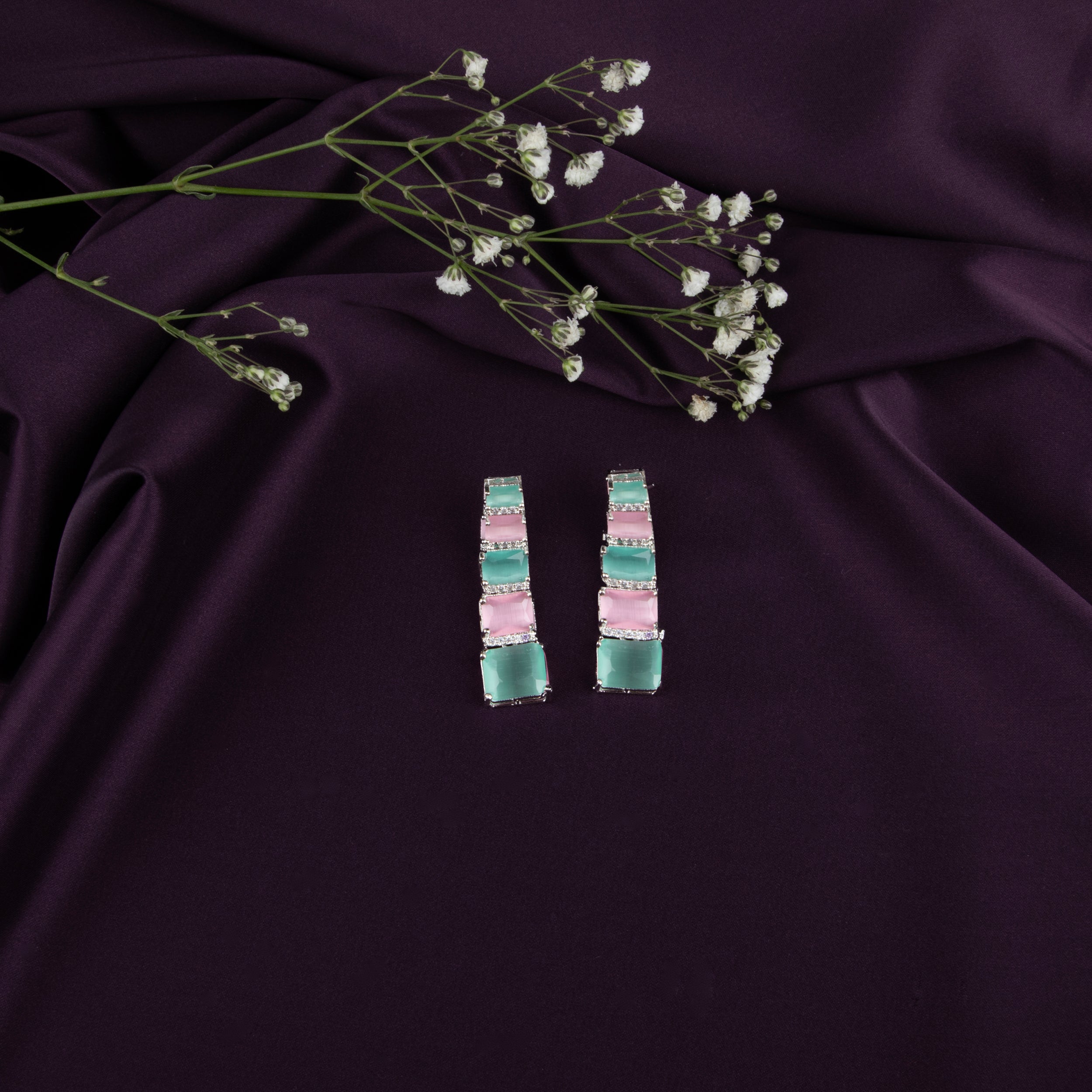 Emerald Green  and pink Gemstone Earrings with American Diamonds, 6 Rectangular Stones Each