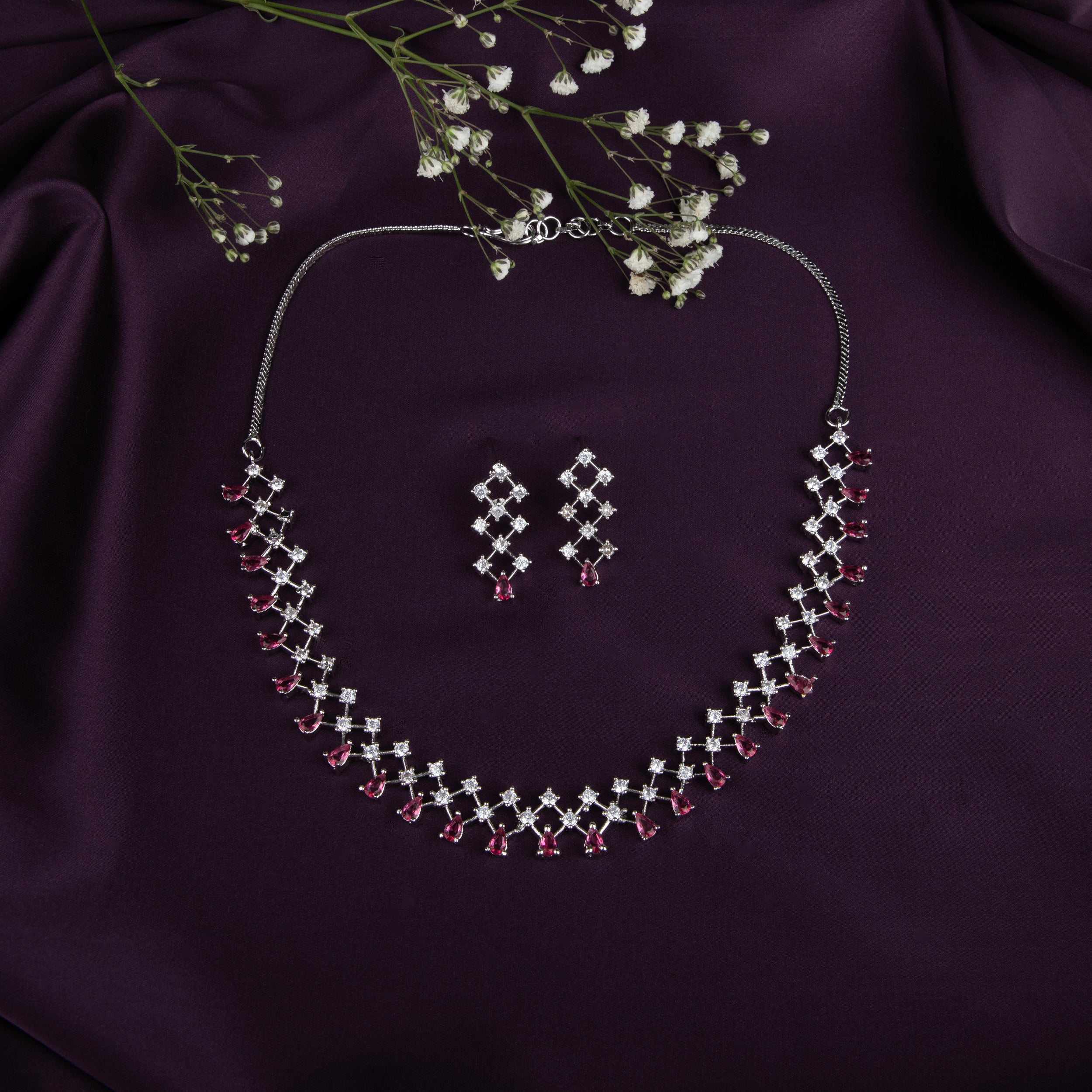 Emerald and Cubic Zirconia Necklace Set, 42 cm Necklace with Earrings (EMRALD GREEN, ONE SIZE)