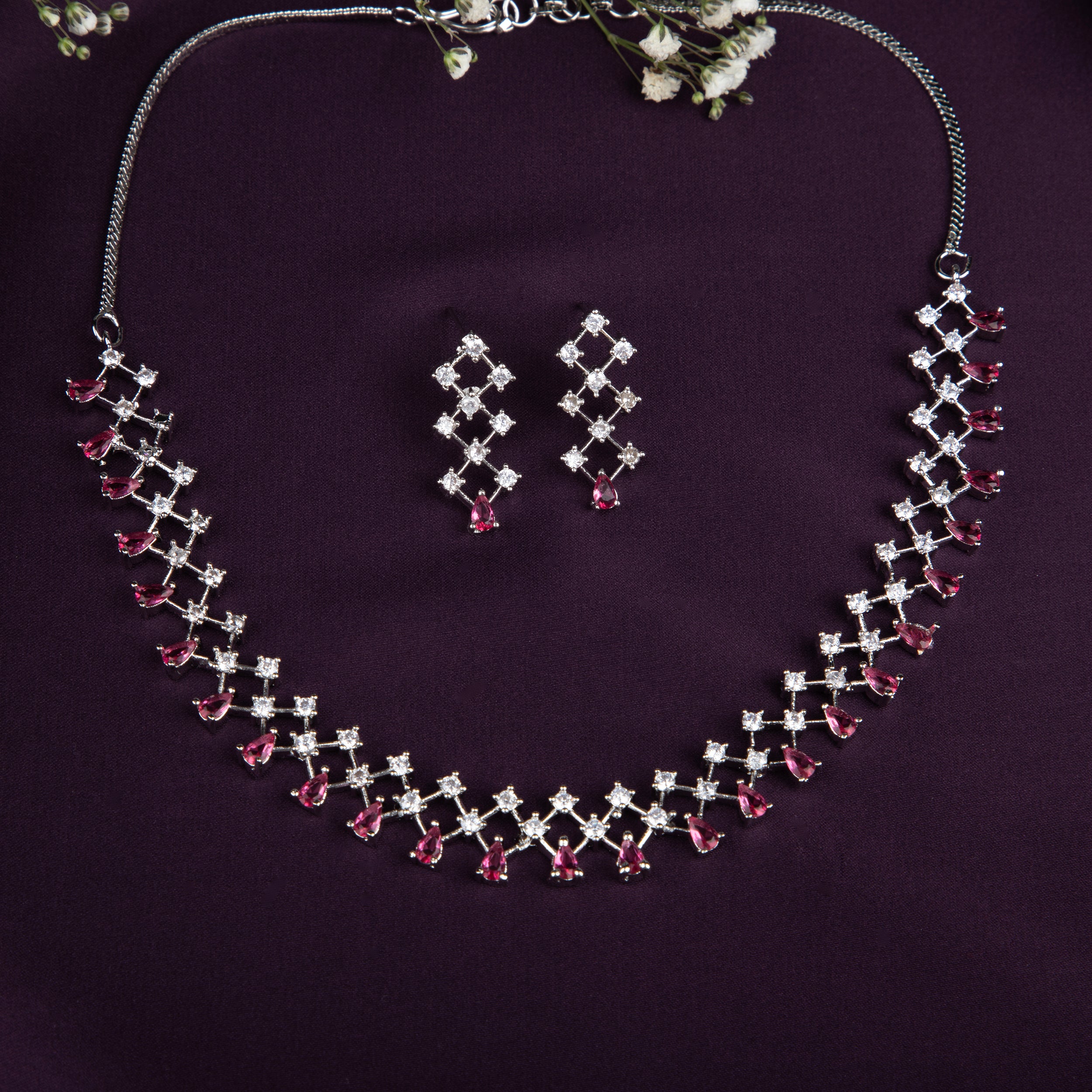 Emerald and Cubic Zirconia Necklace Set, 42 cm Necklace with Earrings (EMRALD GREEN, ONE SIZE)