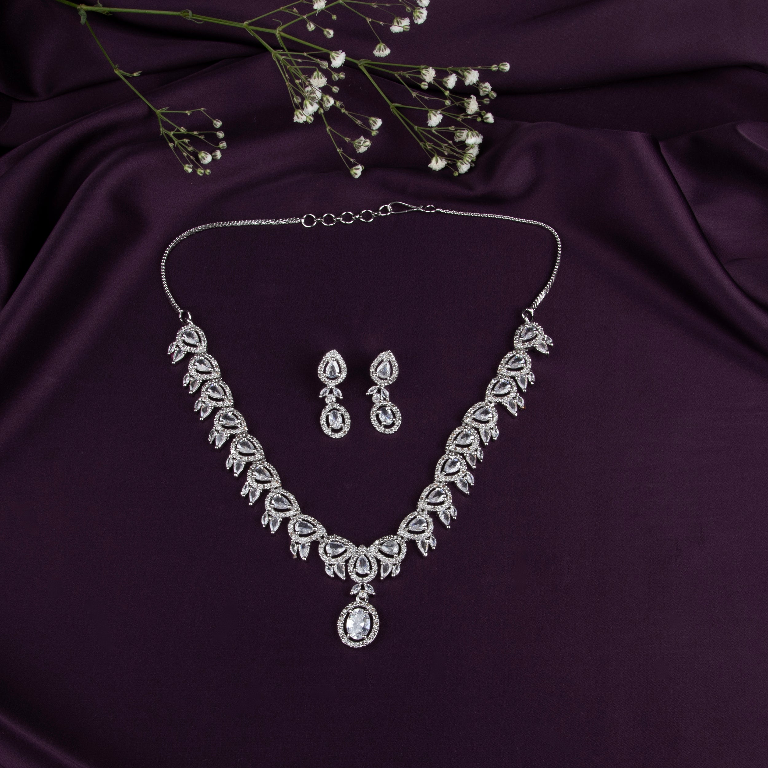 Elegant Cubic Zirconia Necklace Set with Drop Earrings.