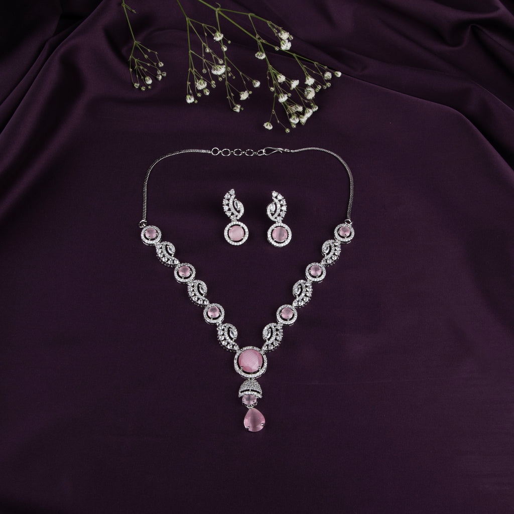 LA FILLE D'OR Elegant Pink and White Crystal Necklace Set with Earrings (PINK, ONE SIZE)