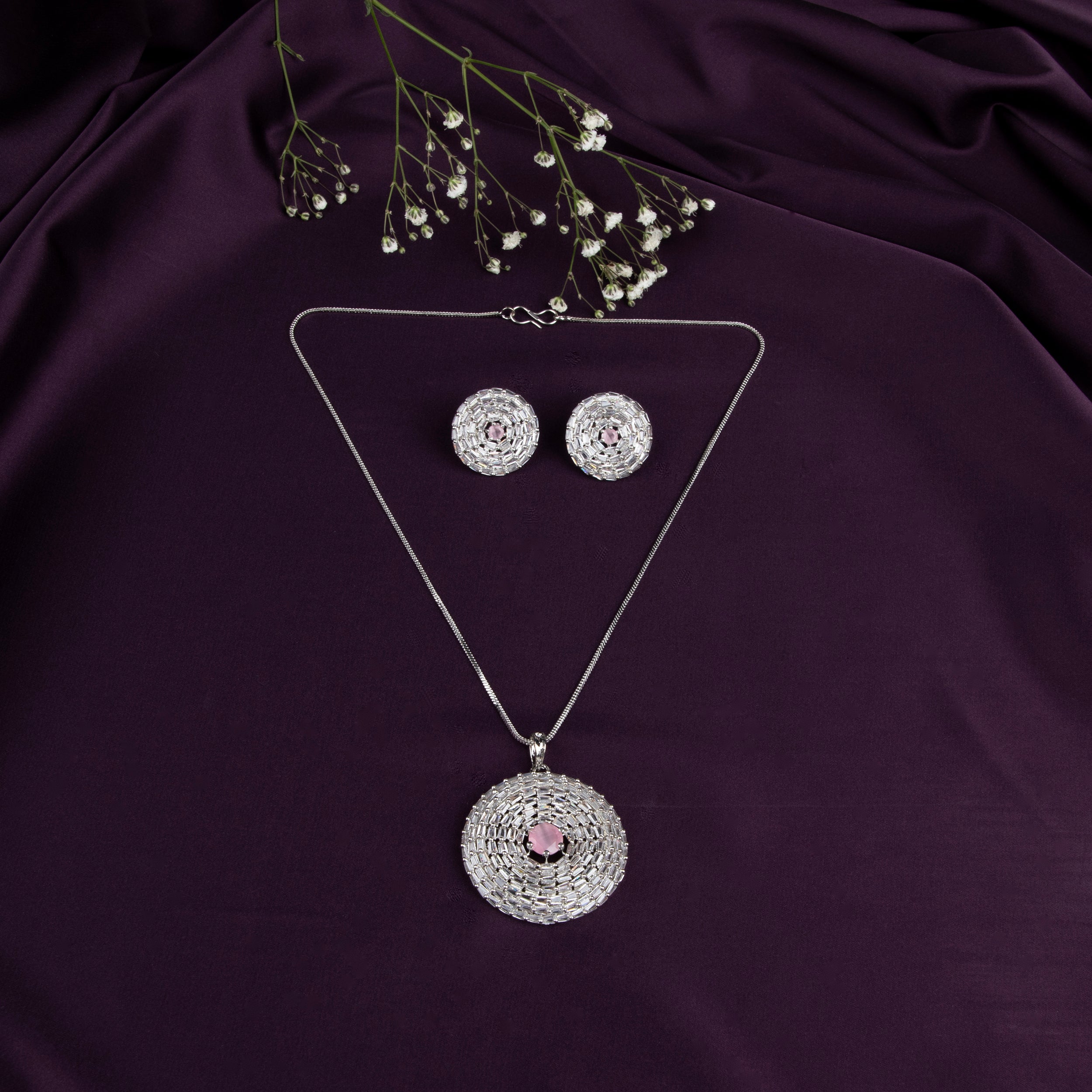 LA FILLE D'OR Jewellery Pendant Set with american diamonds with Earrings (PINK, ONE SIZE)