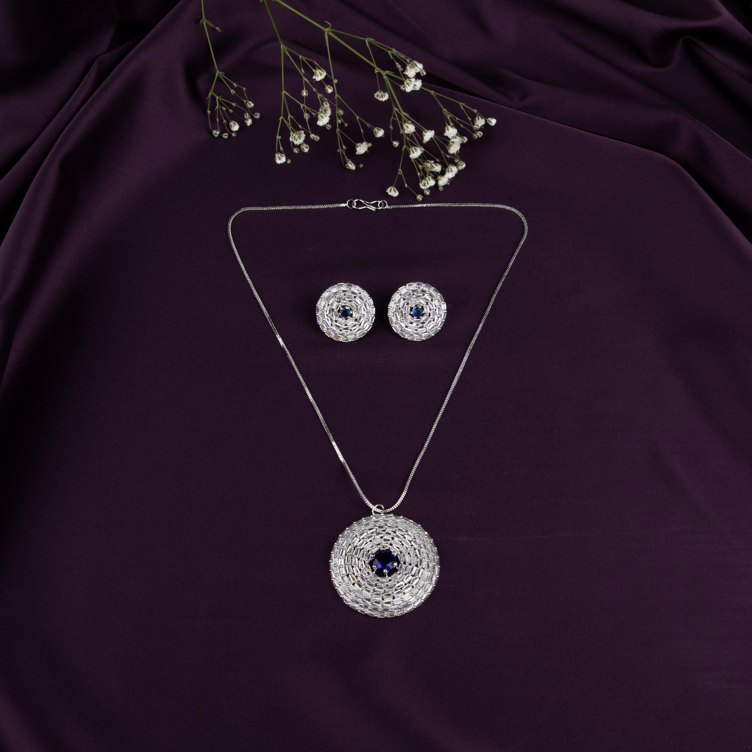 Jewellery Pendant Set with american diamonds with Earrings (BLUE, ONE SIZE)
