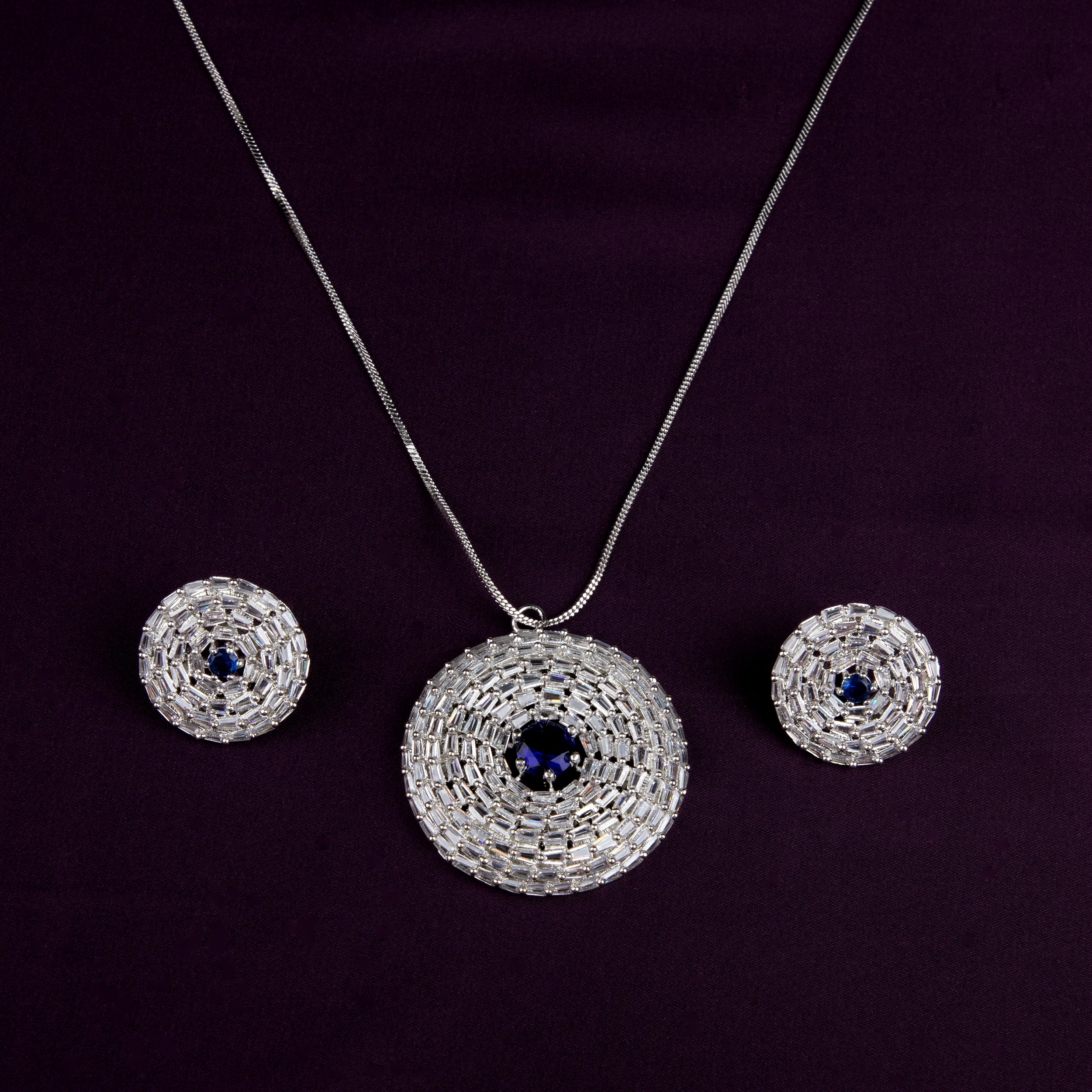 Jewellery Pendant Set with american diamonds with Earrings (BLUE, ONE SIZE)