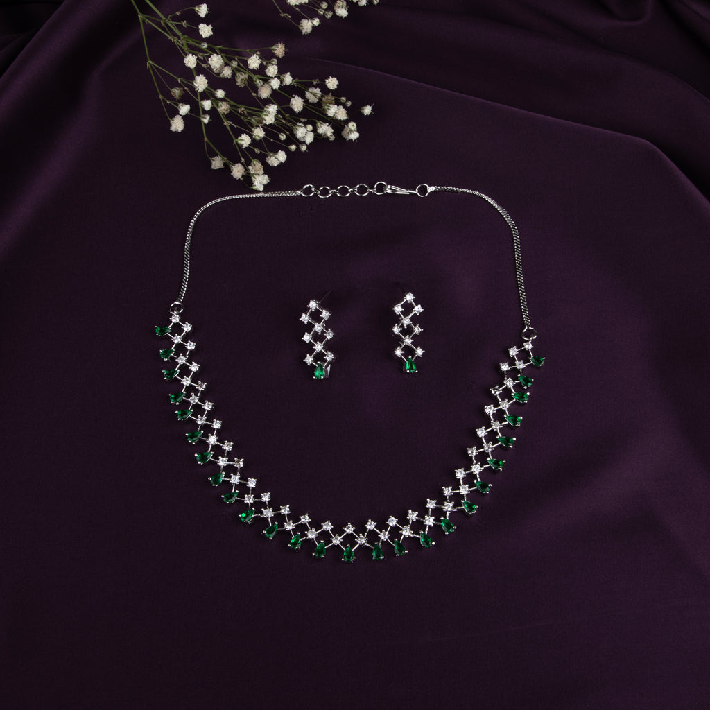 Emerald and Cubic Zirconia Necklace Set, 42 cm Necklace with Earrings (EMRALD GREEN, ONE SIZE)