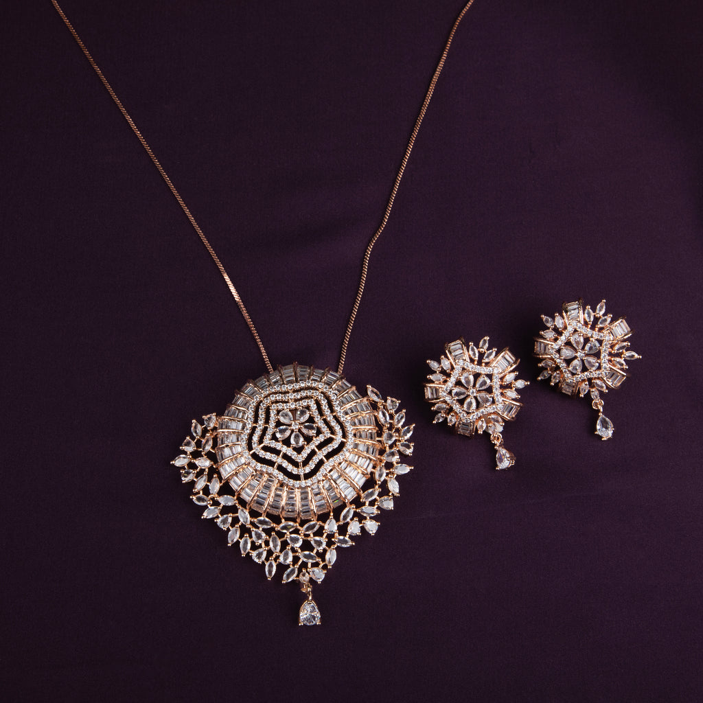 LA FILLE D'OR Rose Gold Plated Necklace Set with Intricate Crystal Embellished Pendant.