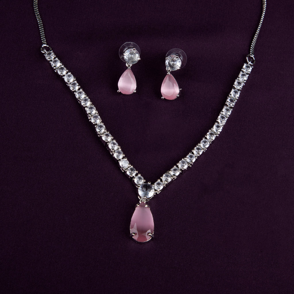 PINK Teardrop Necklace Set with Cubic Zirconia (PINK, ONE SIZE)