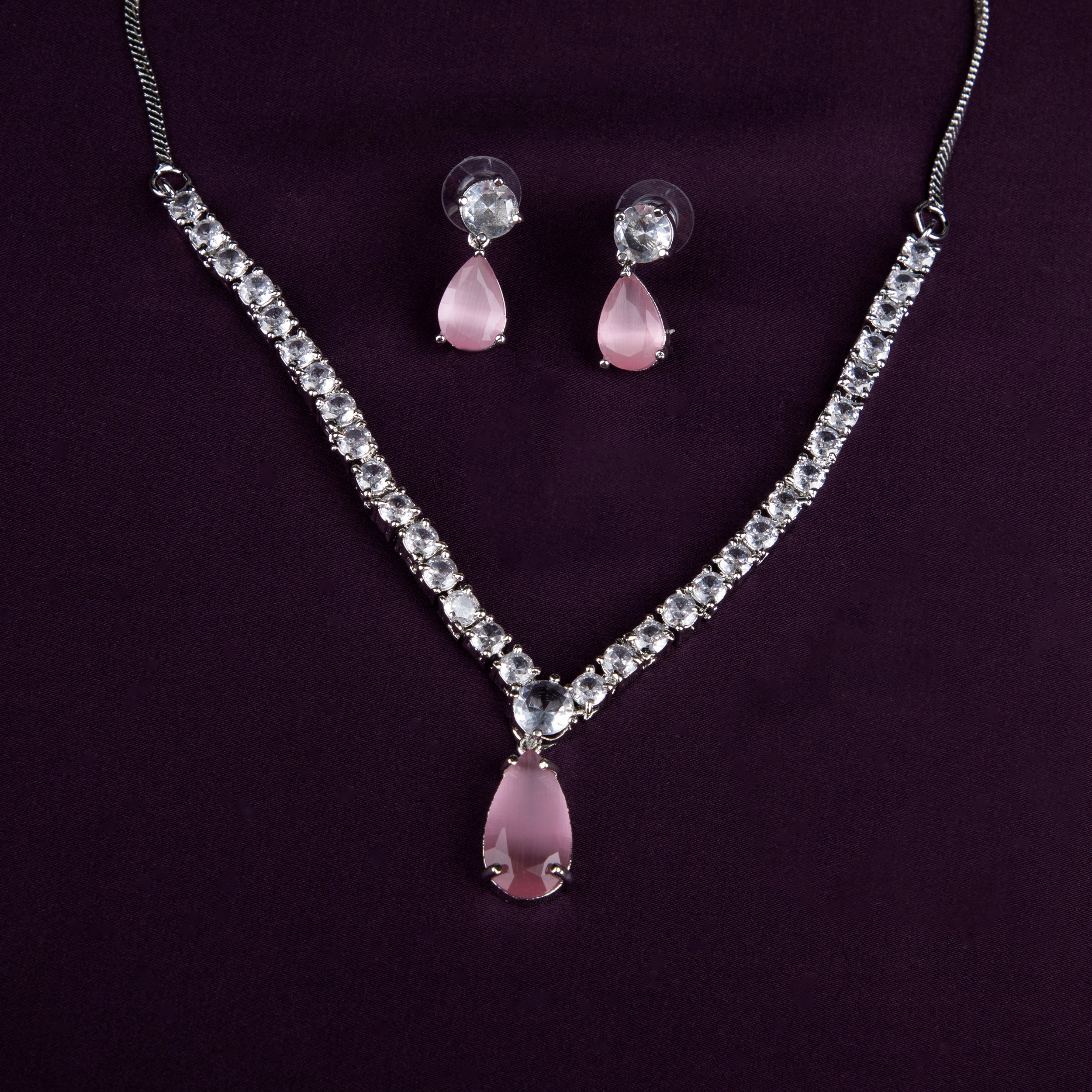 PINK Teardrop Necklace Set with Cubic Zirconia (PINK, ONE SIZE)