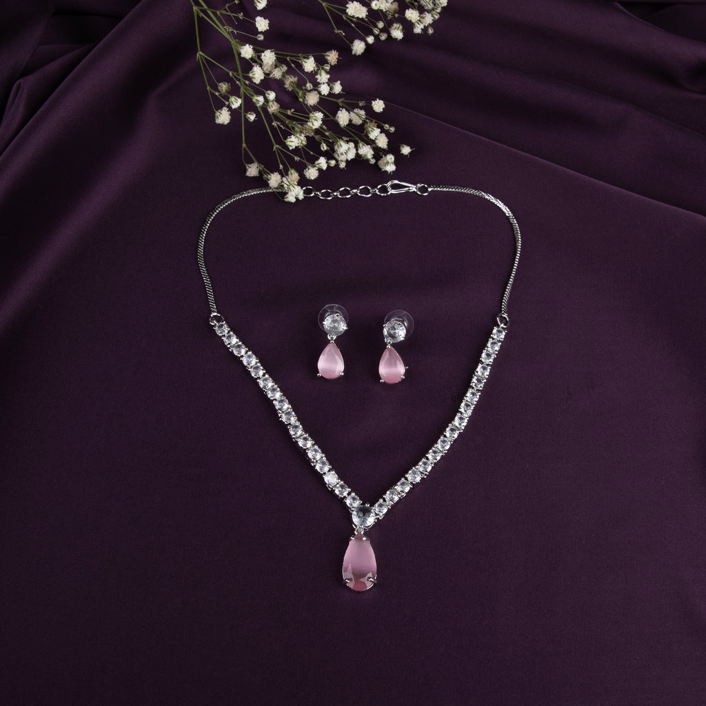 PINK Teardrop Necklace Set with Cubic Zirconia (PINK, ONE SIZE)