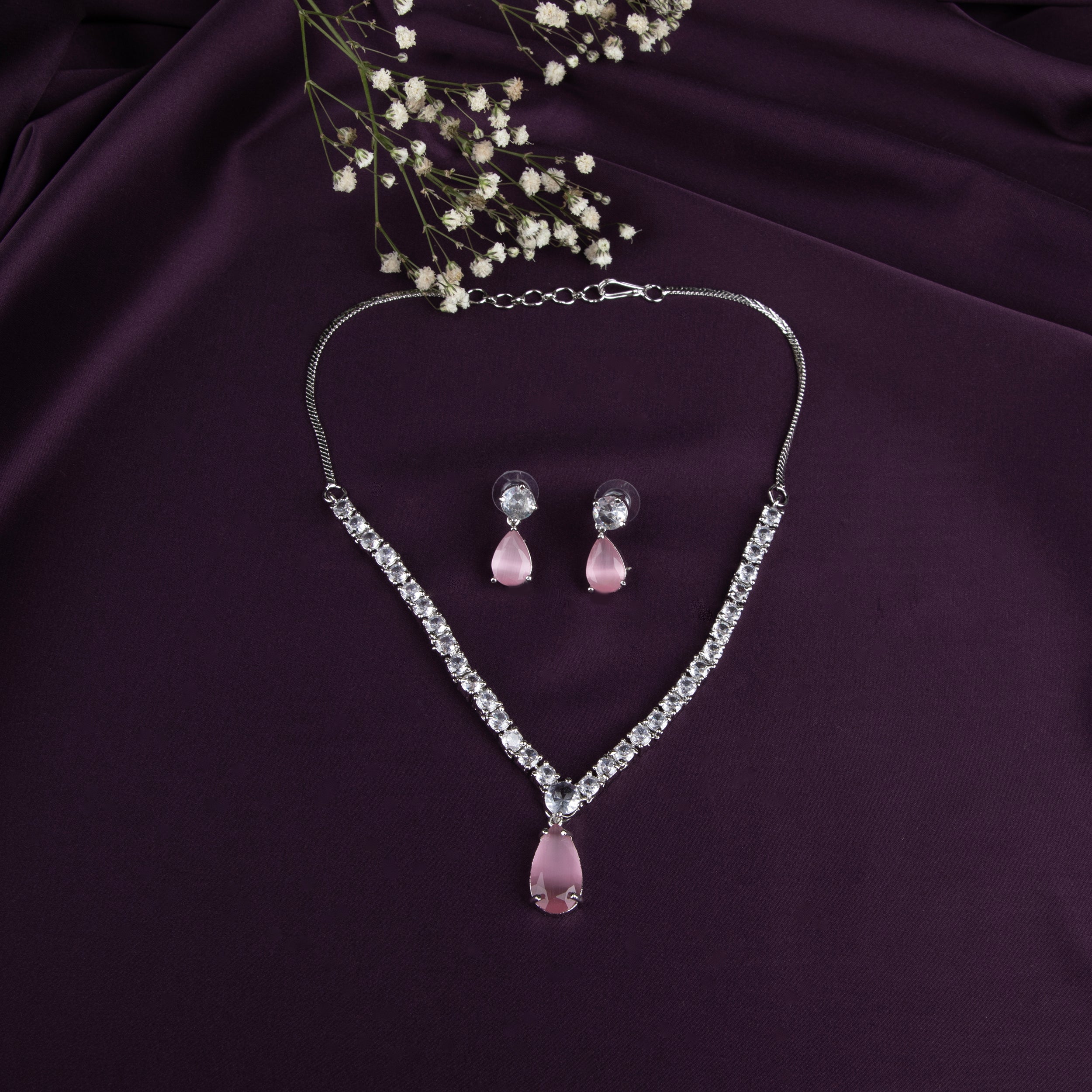 PINK Teardrop Necklace Set with Cubic Zirconia (PINK, ONE SIZE)