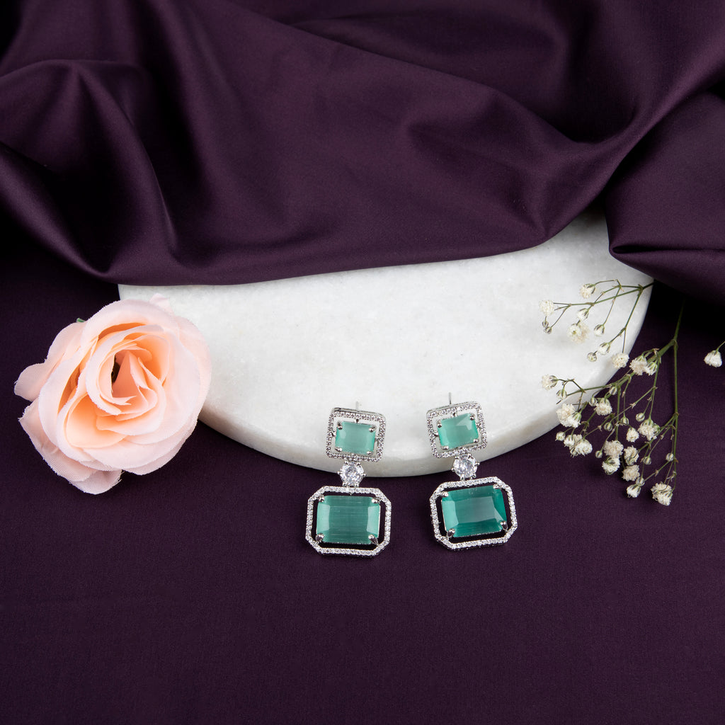 Emerald and Diamond Drop Earrings , Rectangles and Square Stones