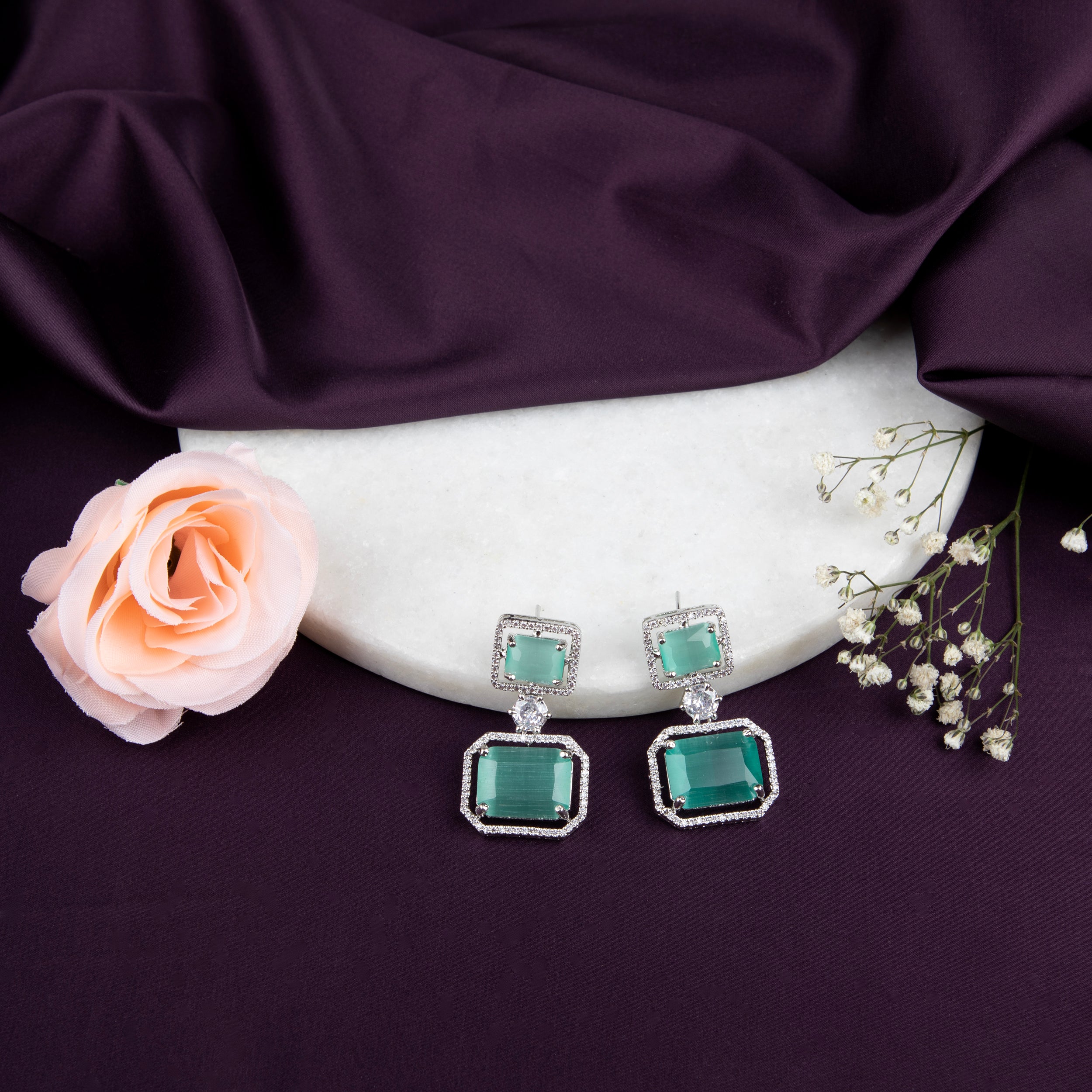 Emerald and Diamond Drop Earrings , Rectangles and Square Stones