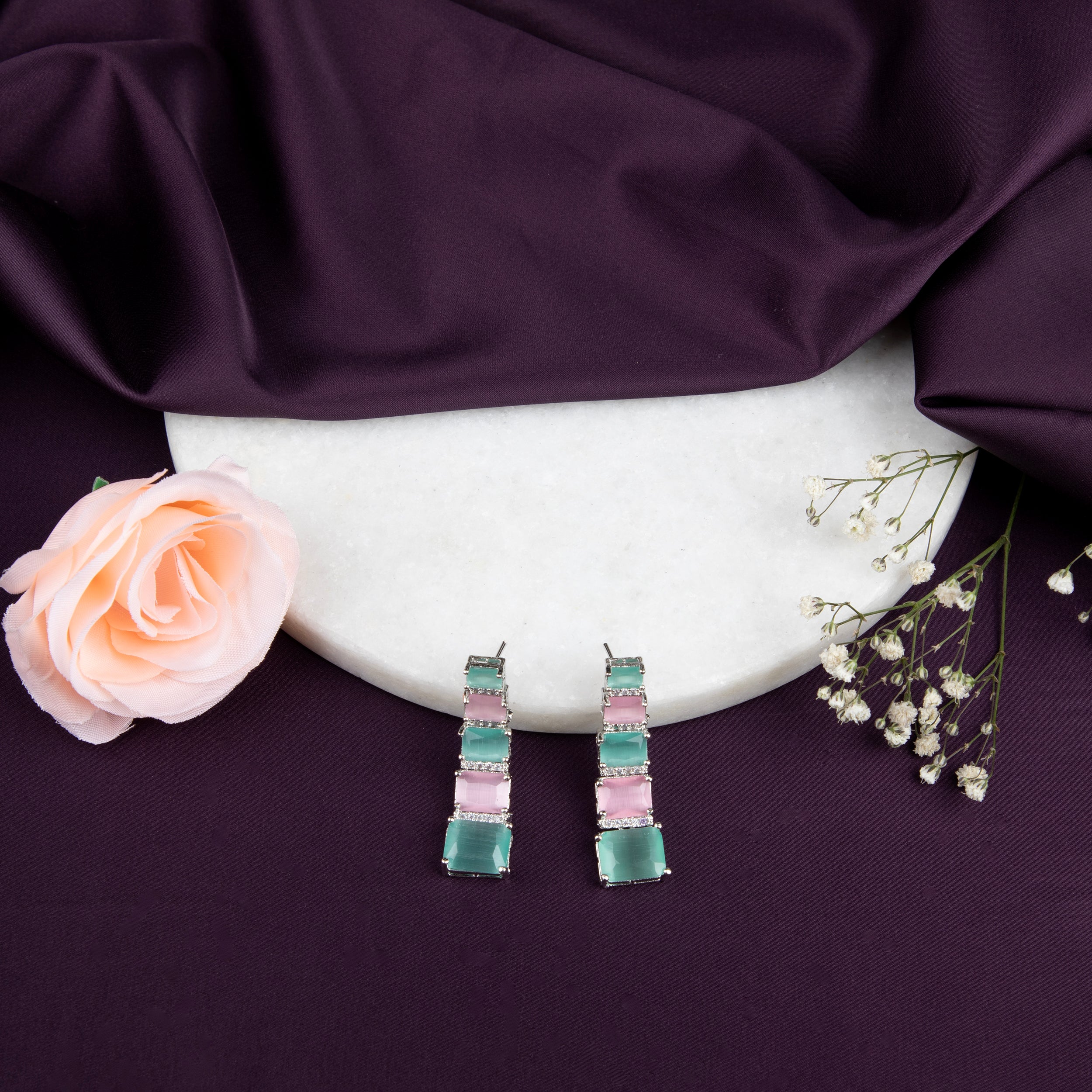 Emerald Green  and pink Gemstone Earrings with American Diamonds, 6 Rectangular Stones Each