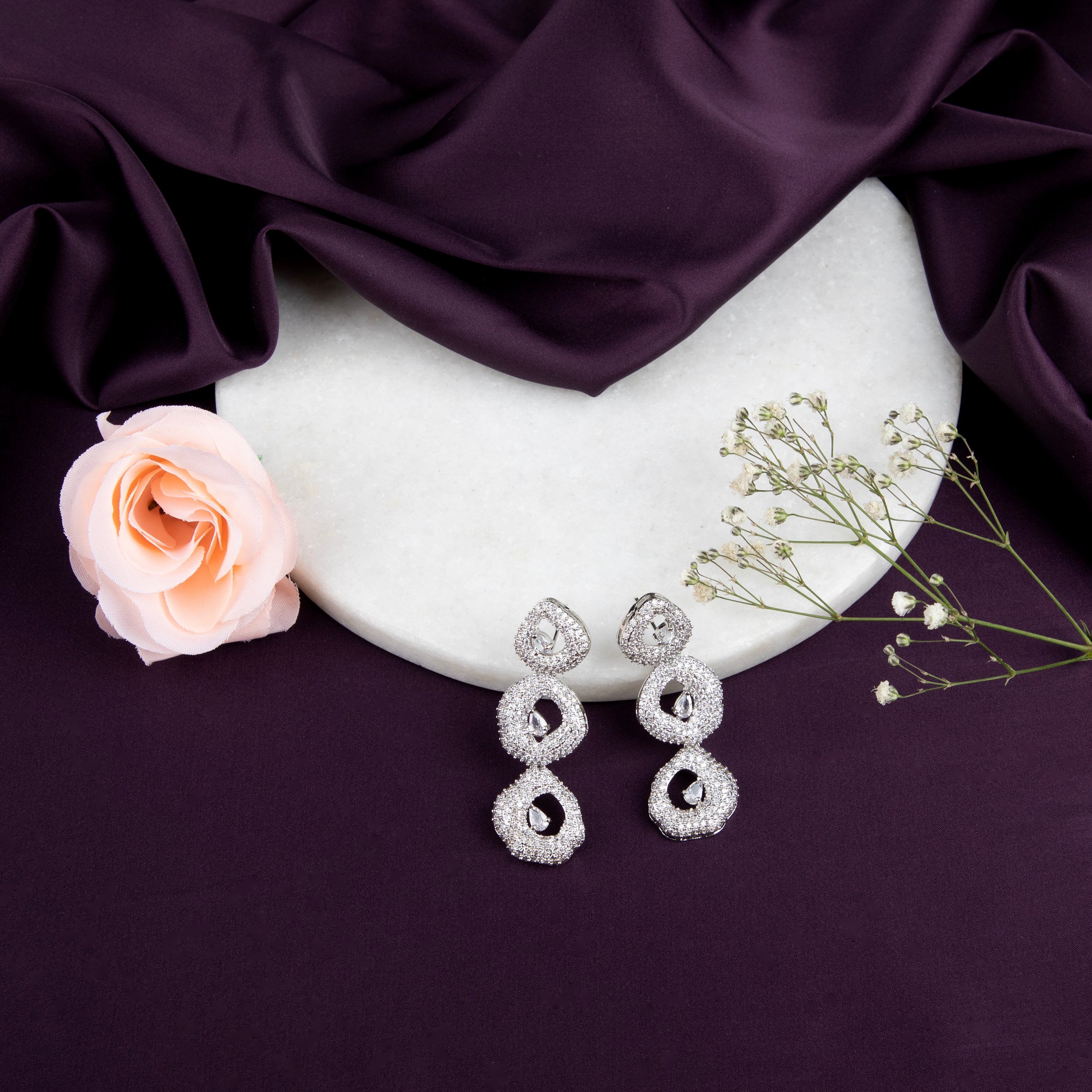 LA FILLE D'OR Sparkling American Diamond Earrings, 3-Tier Circular Design