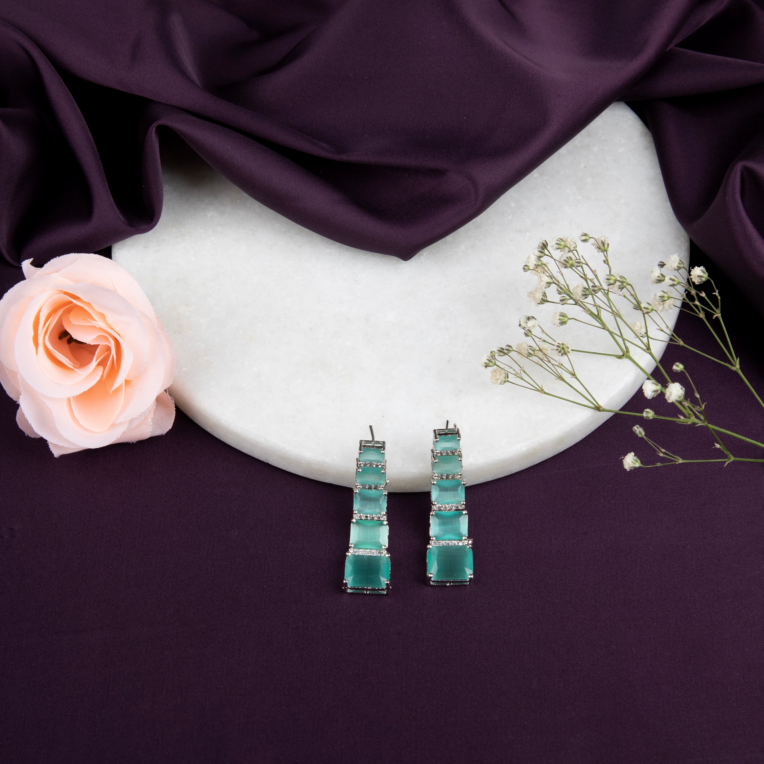 Emerald Green Gemstone Earrings with American Diamonds, 6 Rectangular Stones Each