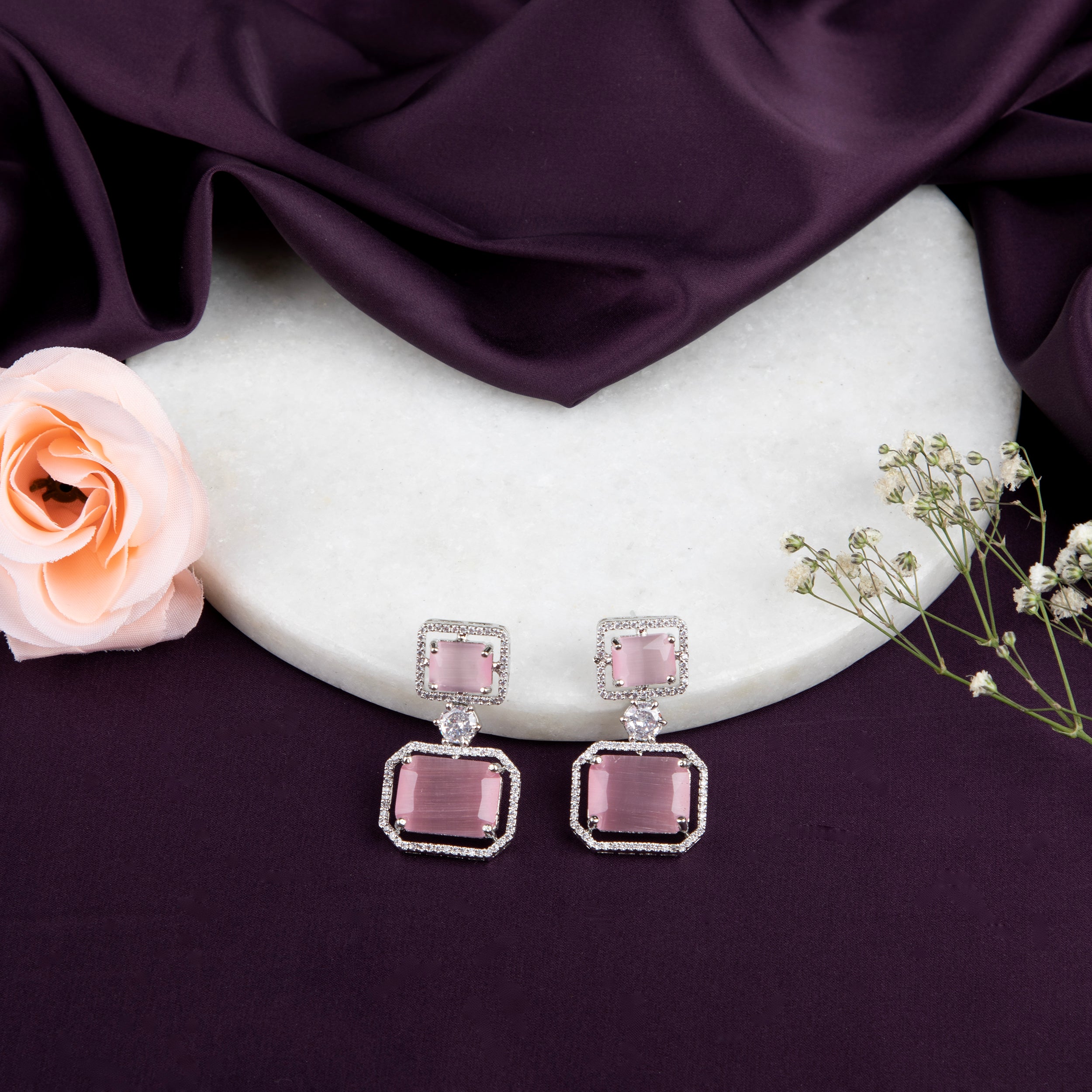 Emerald and Diamond Drop Earrings , Rectangles and Square Stones