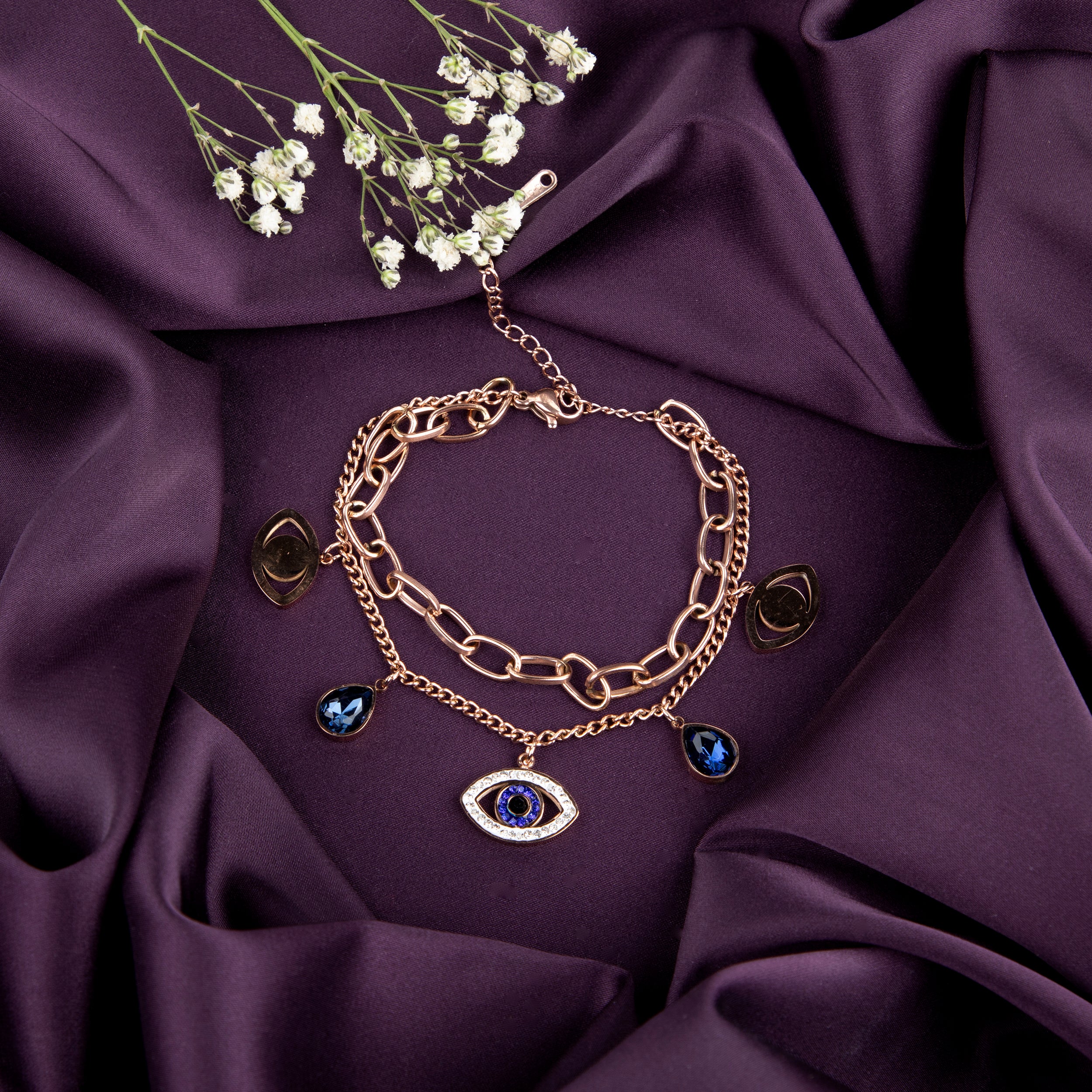 LA FILLE D'OR Evil Eye Charm Bracelet, Rose Gold toned Double Chain with hamsa Hand Pendant, Blue Evil Eye Beads