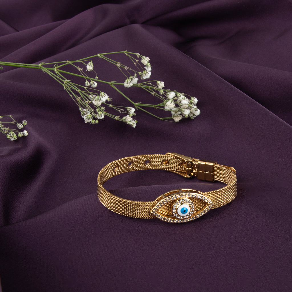 LA FILLE D'OR Evil Eye Mesh Bracelet, Gold-toned Crystal Adjustable Bangle with Blue Eye Charm (GOLD, One Size)