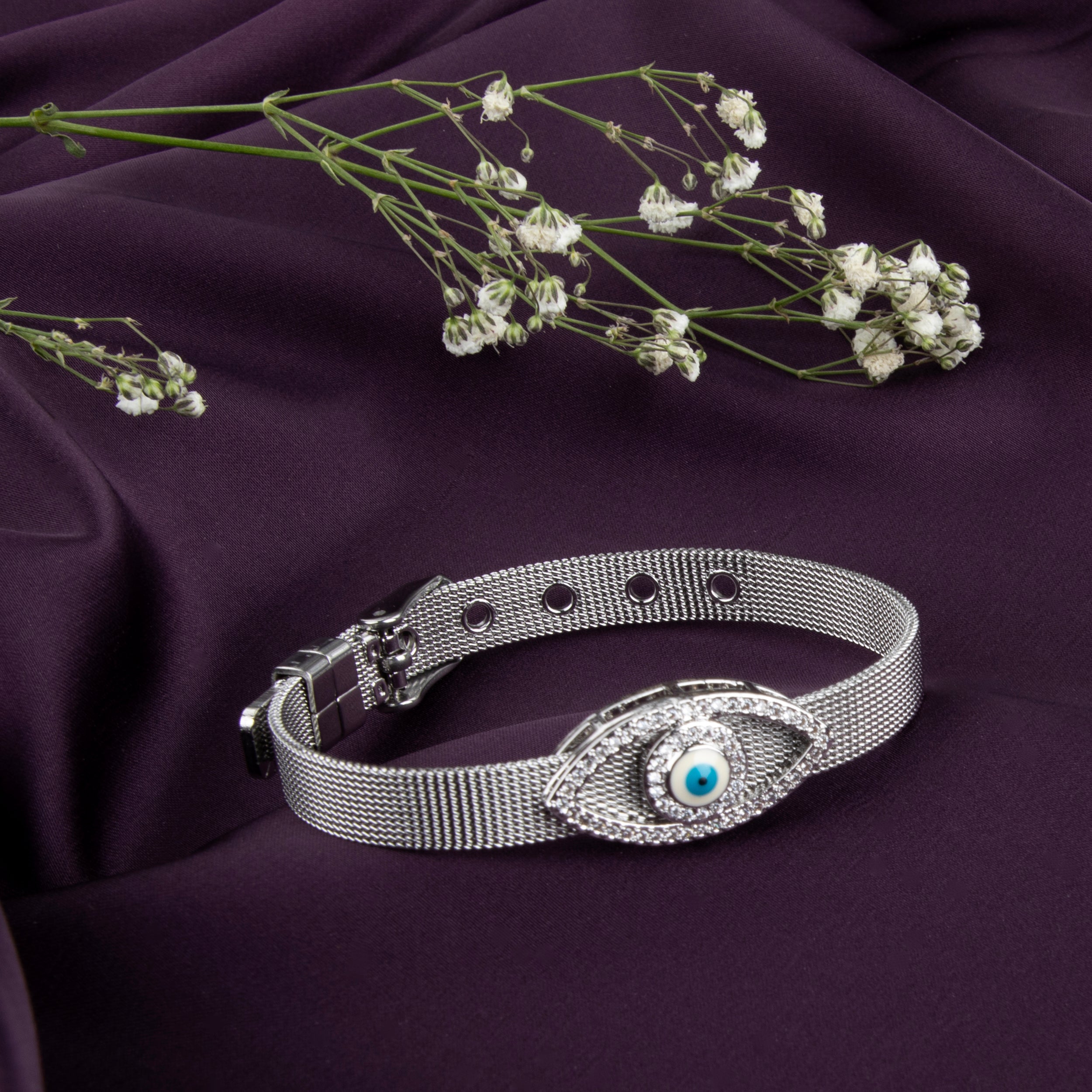 LA FILLE D'OR Evil Eye Mesh Bracelet, Silver -toned Crystal Adjustable Bangle with Blue Eye Charm (SILVER, One Size)