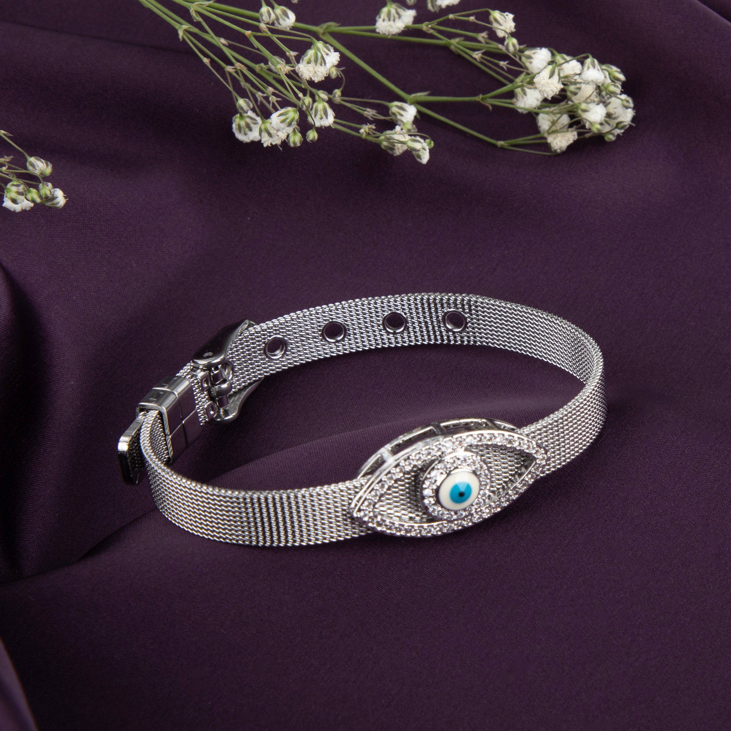 LA FILLE D'OR Evil Eye Mesh Bracelet, Silver -toned Crystal Adjustable Bangle with Blue Eye Charm (SILVER, One Size)