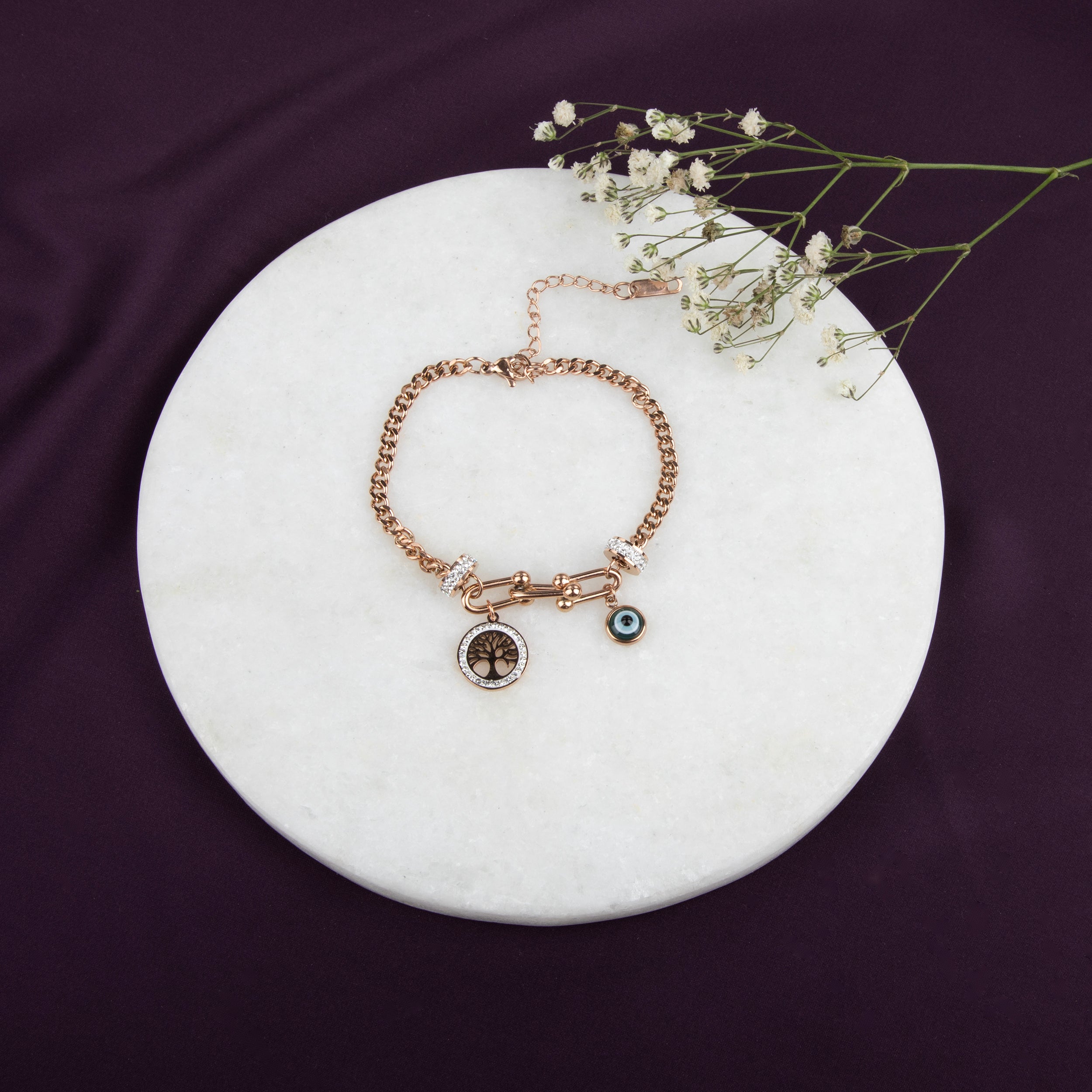 LA FILLE D'OR Double Layer Chain Bracelet with Evil Eye and Crystal Charms, Rose Gold Toned, Blue Sapphire Accents
