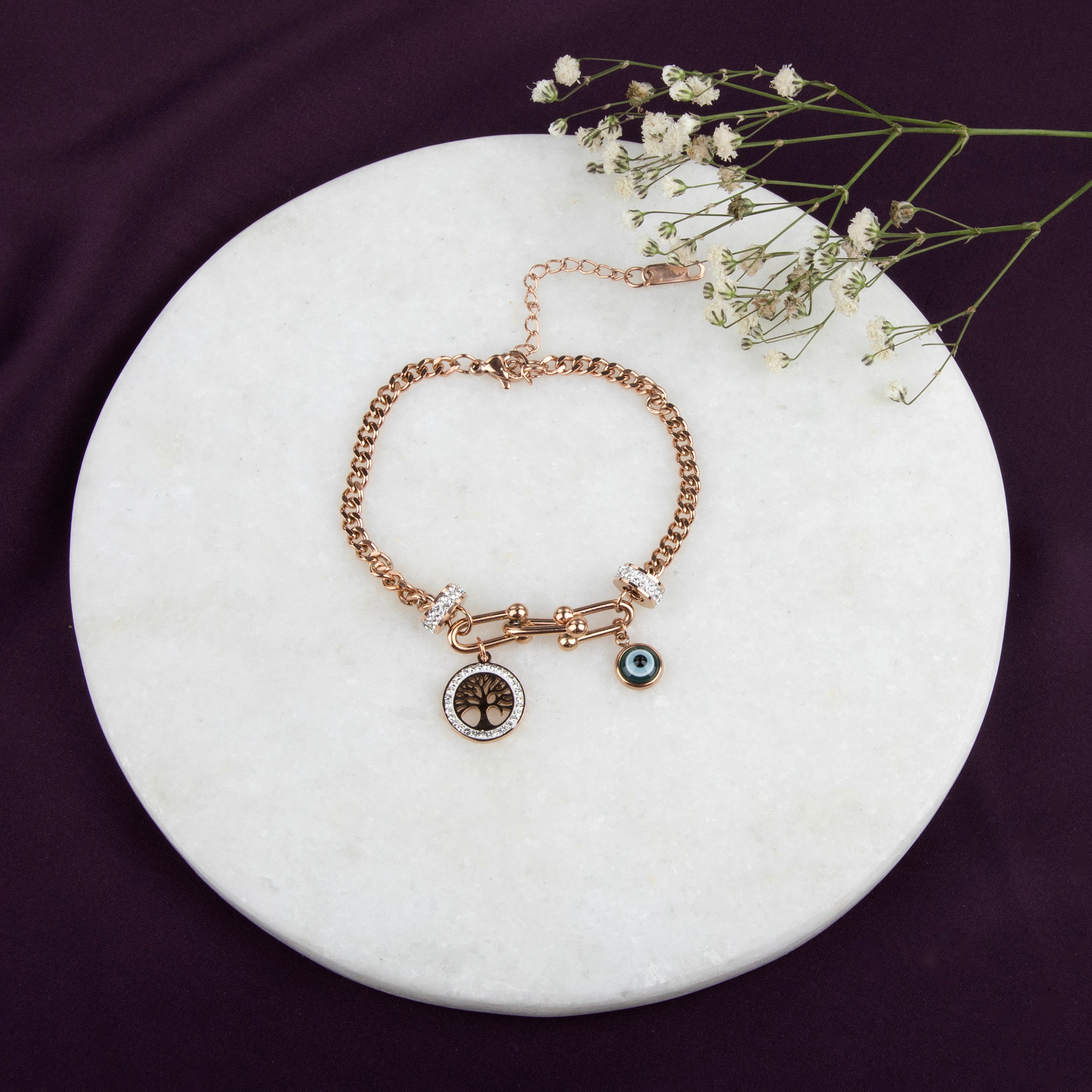 LA FILLE D'OR Double Layer Chain Bracelet with Evil Eye and Crystal Charms, Rose Gold Toned, Blue Sapphire Accents