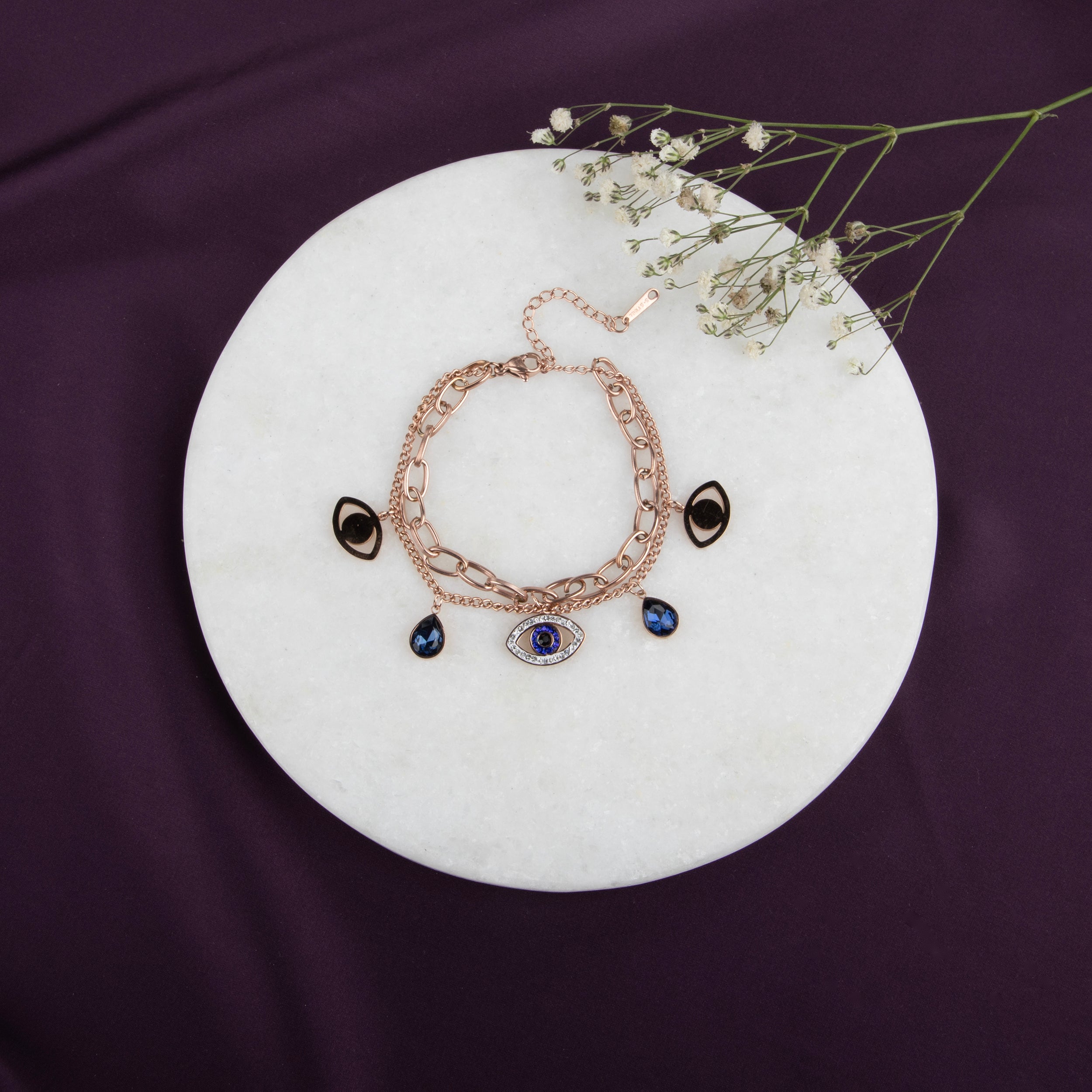 LA FILLE D'OR Evil Eye Charm Bracelet, Rose Gold toned Double Chain with hamsa Hand Pendant, Blue Evil Eye Beads