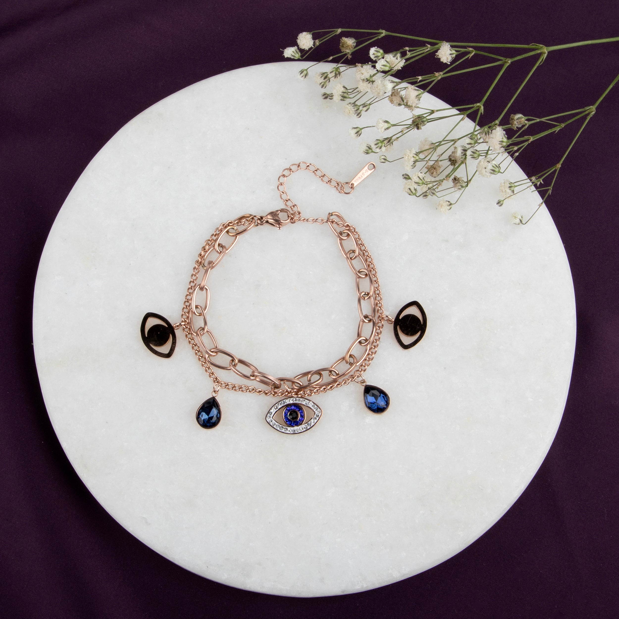 LA FILLE D'OR Evil Eye Charm Bracelet, Rose Gold toned Double Chain with hamsa Hand Pendant, Blue Evil Eye Beads