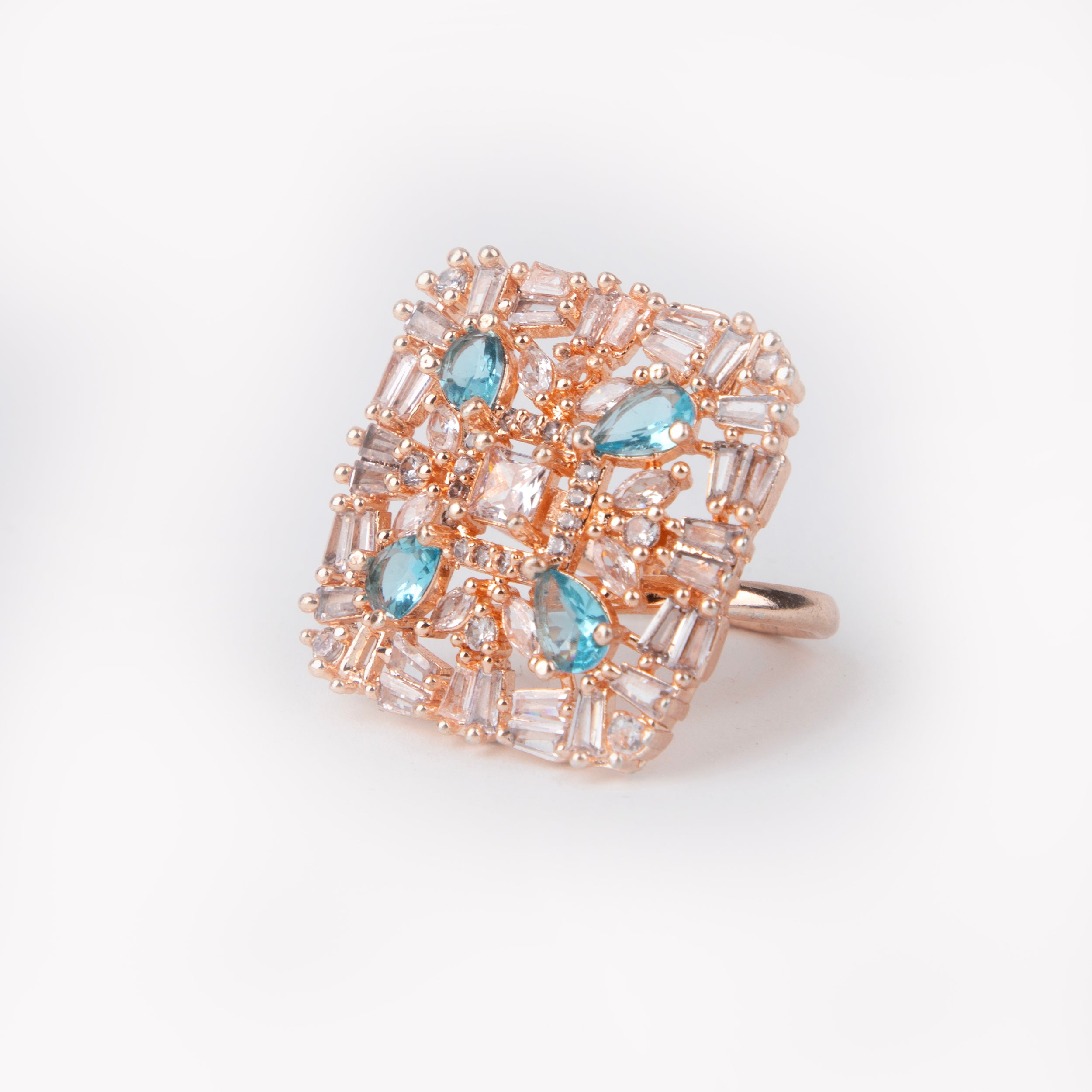 Elegant ring with mint green stones, American Diamonds