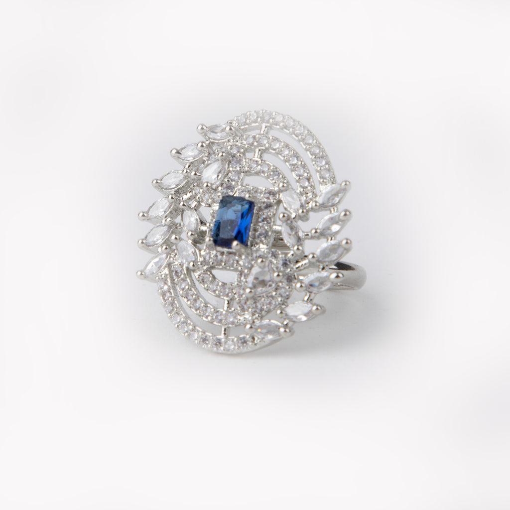LA FILLE D'OR Vintage Style Sapphire and American Diamond Rings (SILVER BLUE STONE, ADJUSTABLE)