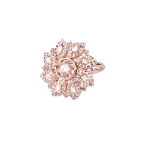LA FILLE D'OR Rose Gold Plated Cubic Zirconia Floral Ring.