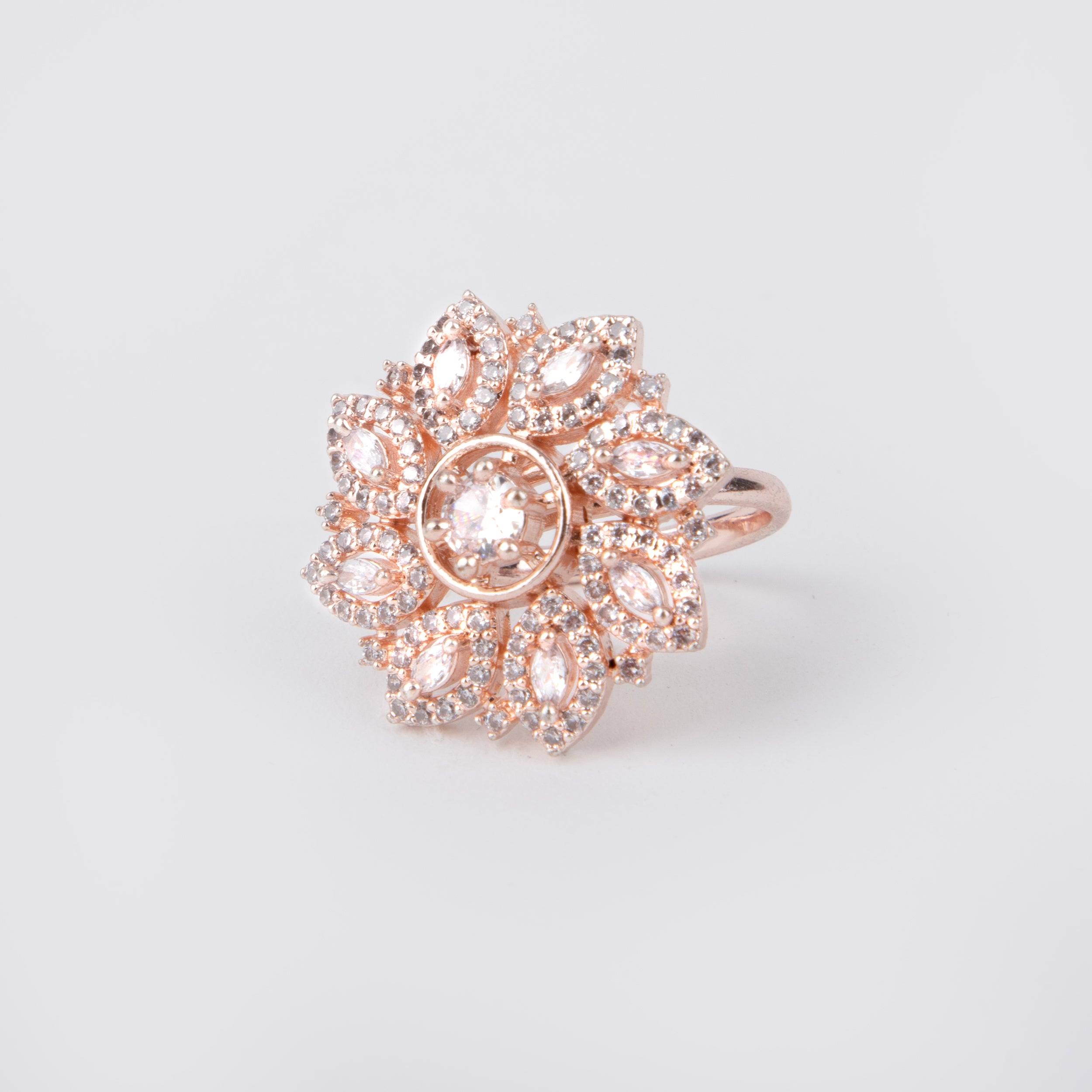 LA FILLE D'OR Rose Gold Plated Cubic Zirconia Floral Ring.