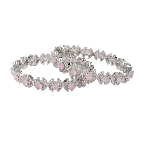 LA FILLE D'OR Silver Toned Bangle with Pink Rose Quartz Bangles ,Set 0f 2