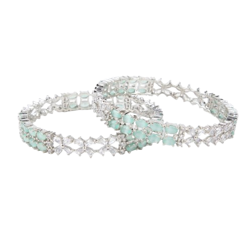 LA FILLE D'OR Silver toned Aquamarine Crystal Bangles Set , Traditional Design ,Set 0f 2