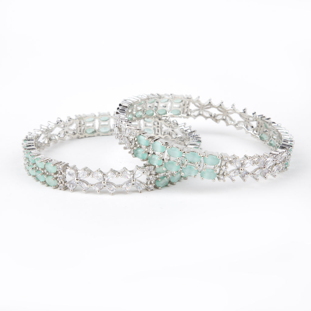 LA FILLE D'OR Silver toned Aquamarine Crystal Bangles Set , Traditional Design ,Set 0f 2