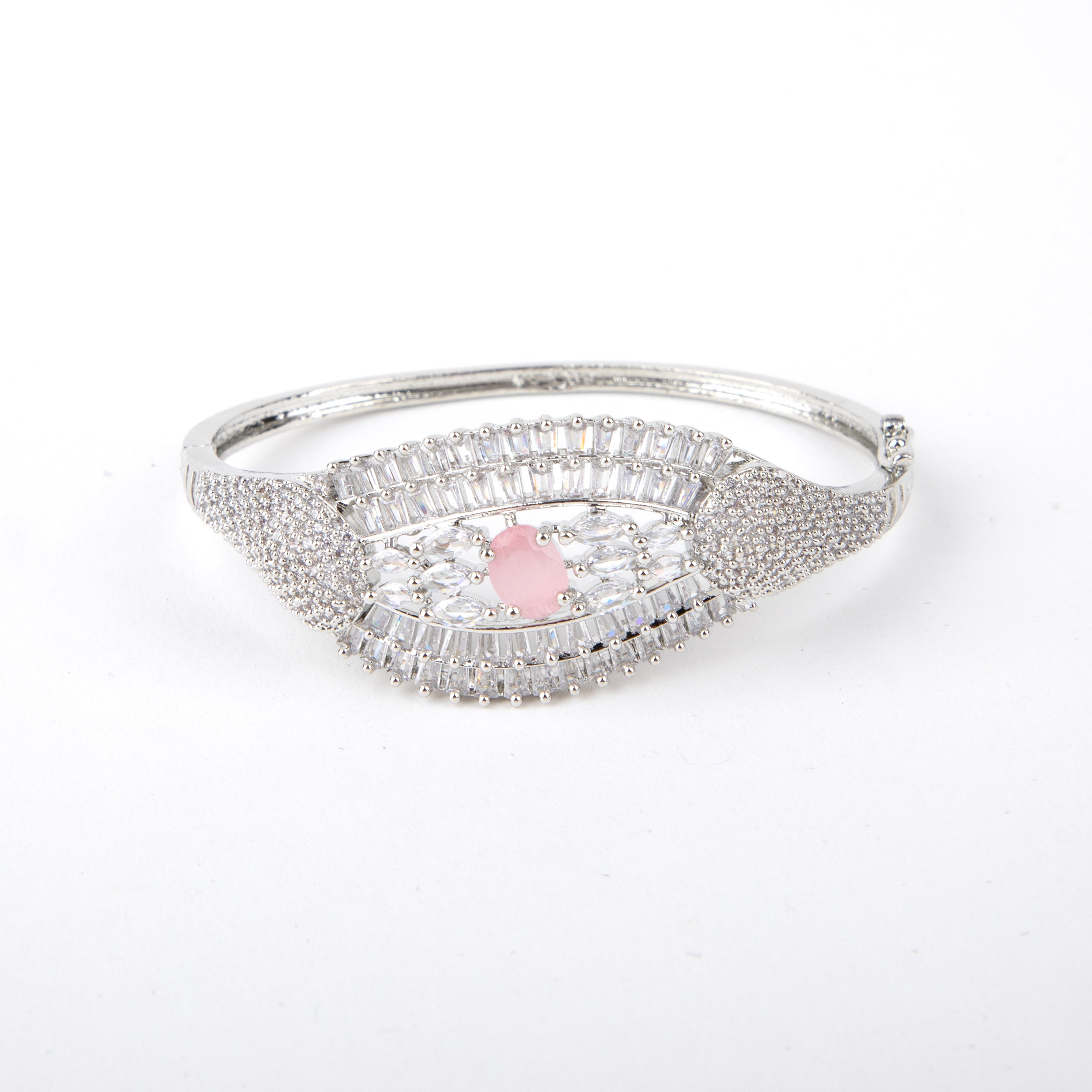 LA FILLE D'OR Silver Colour Bangle style bracelet with Pink Stone Accents, American Diamond Studded (PINK)