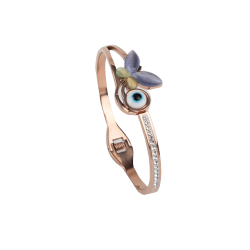 LA FILLE D'OR Evil Eye Butterfly Bracelet, Rose Gold Toned Crystal Bangle, Hinged Design