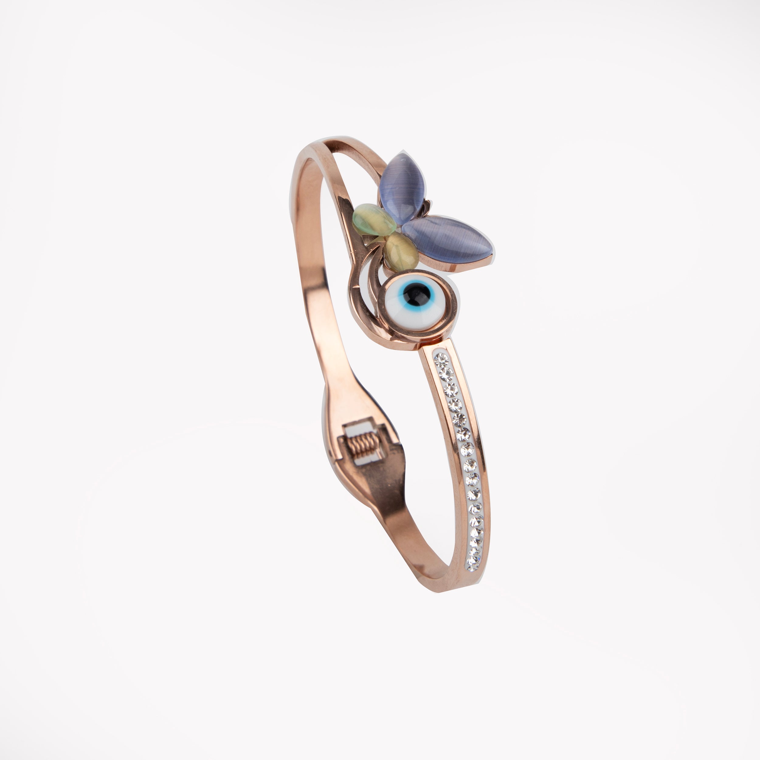 LA FILLE D'OR Evil Eye Butterfly Bracelet, Rose Gold Toned Crystal Bangle, Hinged Design