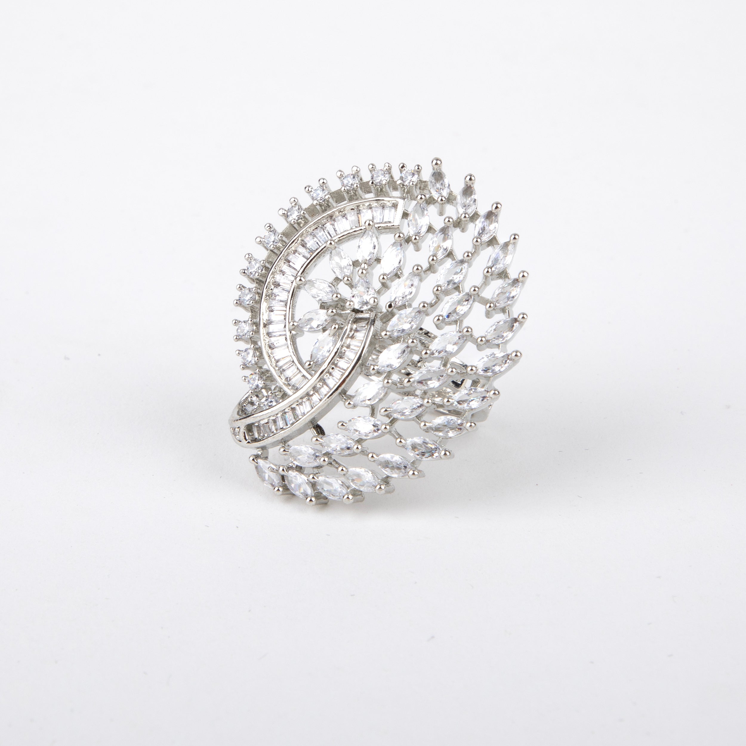 Elegant American Diamond ring, Floral Design with Marquise and Round Crystals