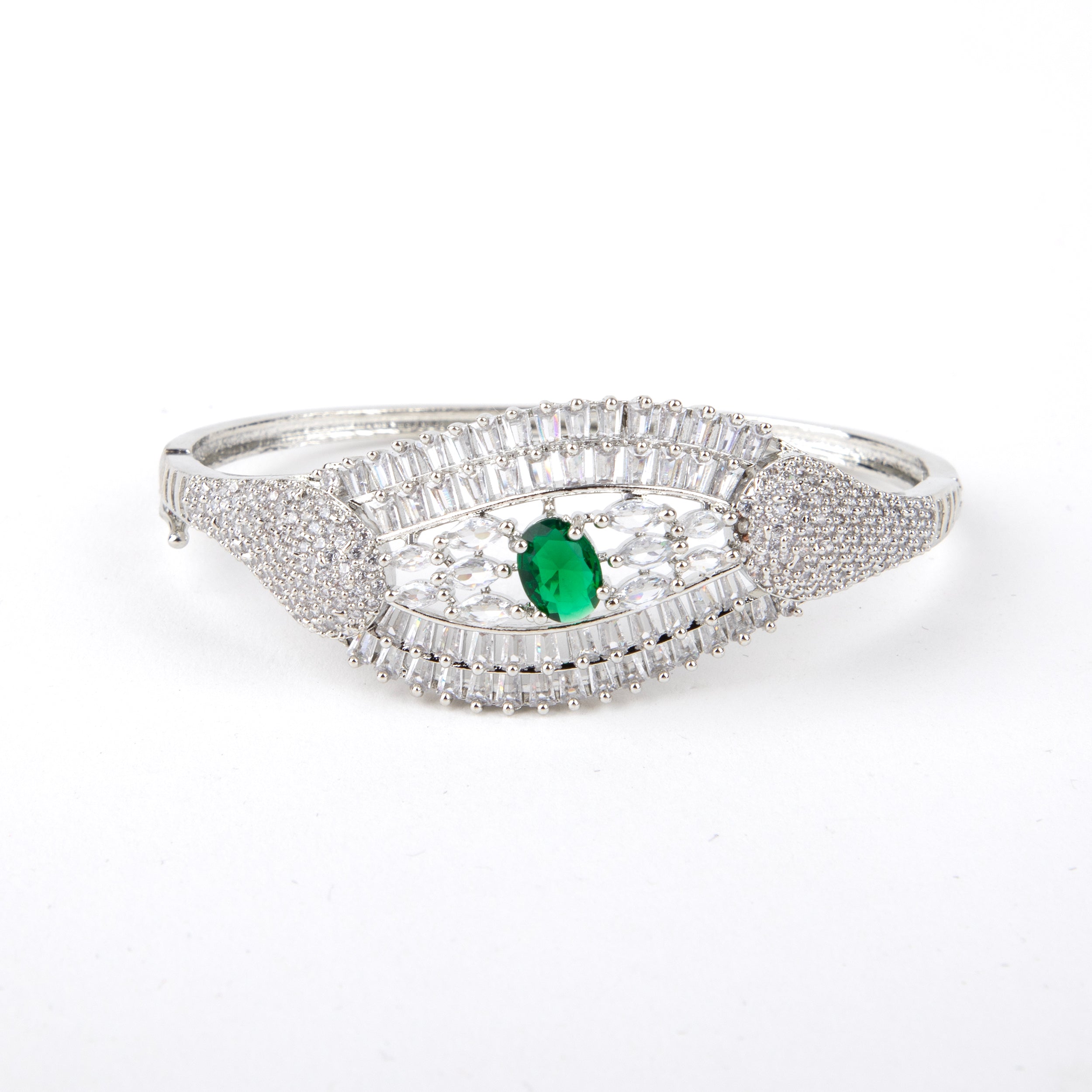 LA FILLE D'OR Silver Colour Banglestyle bracelet  with EMRALD GREEN Stone Accents, American Diamond Studded.