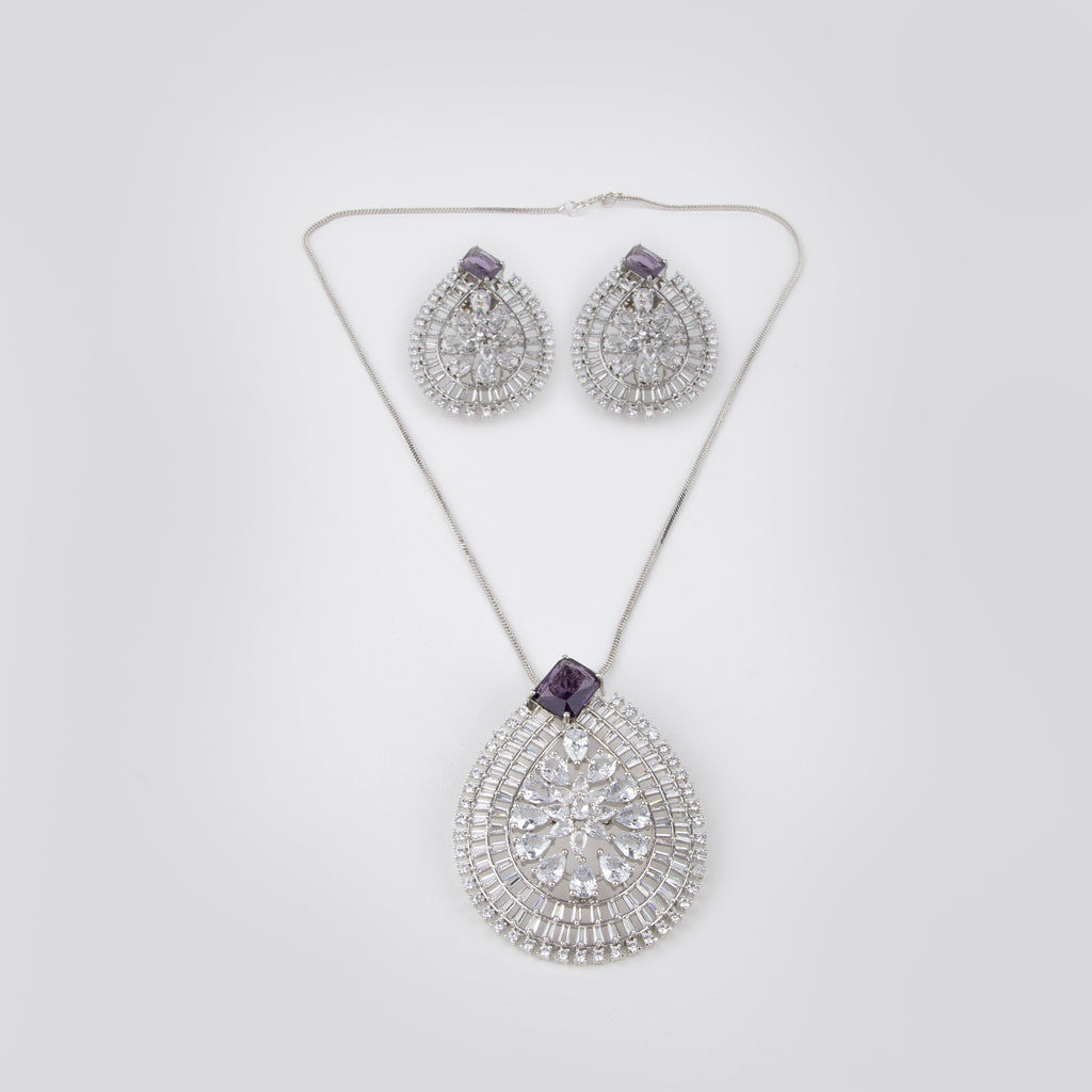 LA FILLE D'OR Elegant Jewellery Set with Pear-Shaped Pendant, Earrings, Purple stones