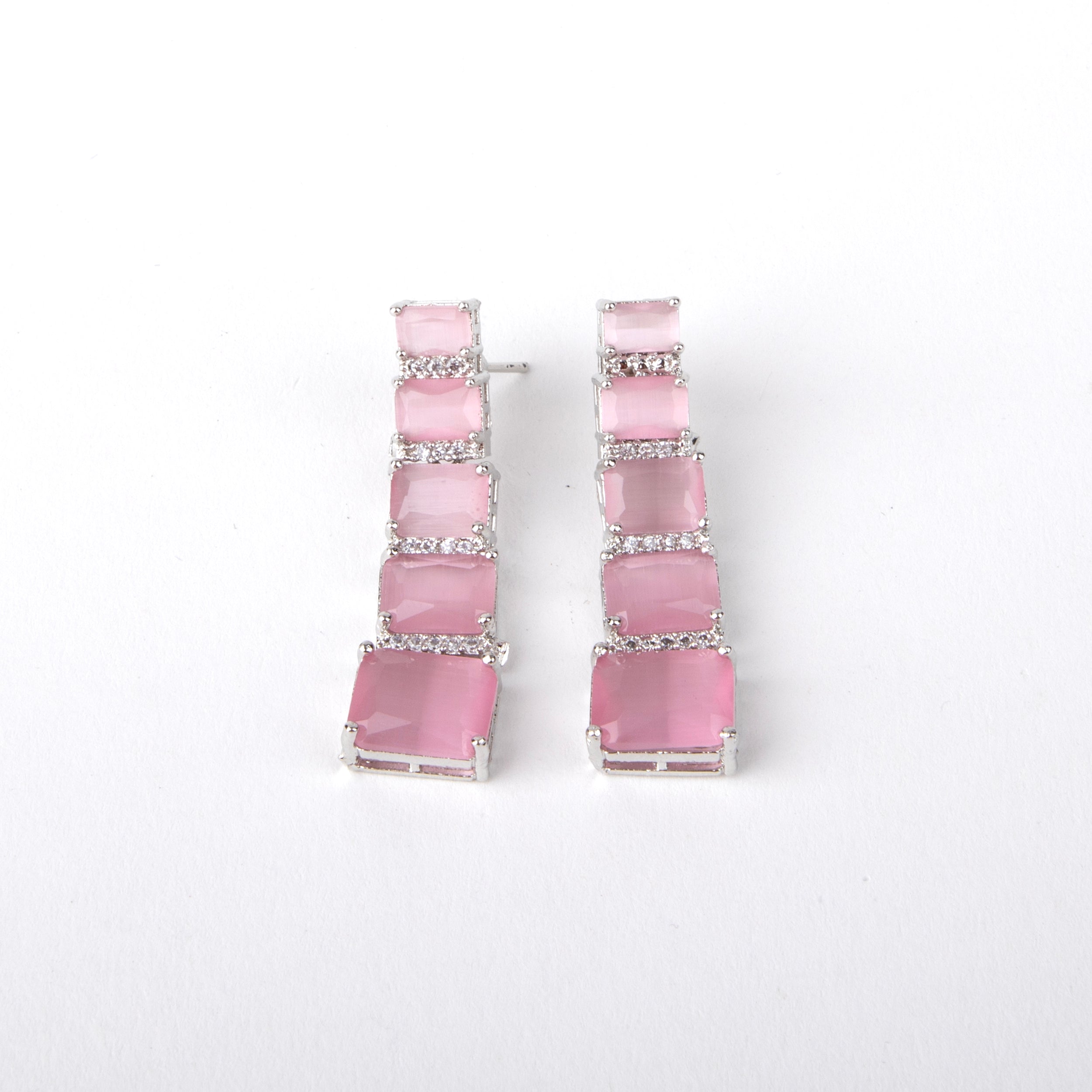 Emerald Green Gemstone Earrings with American Diamonds, 6 Rectangular Stones Each