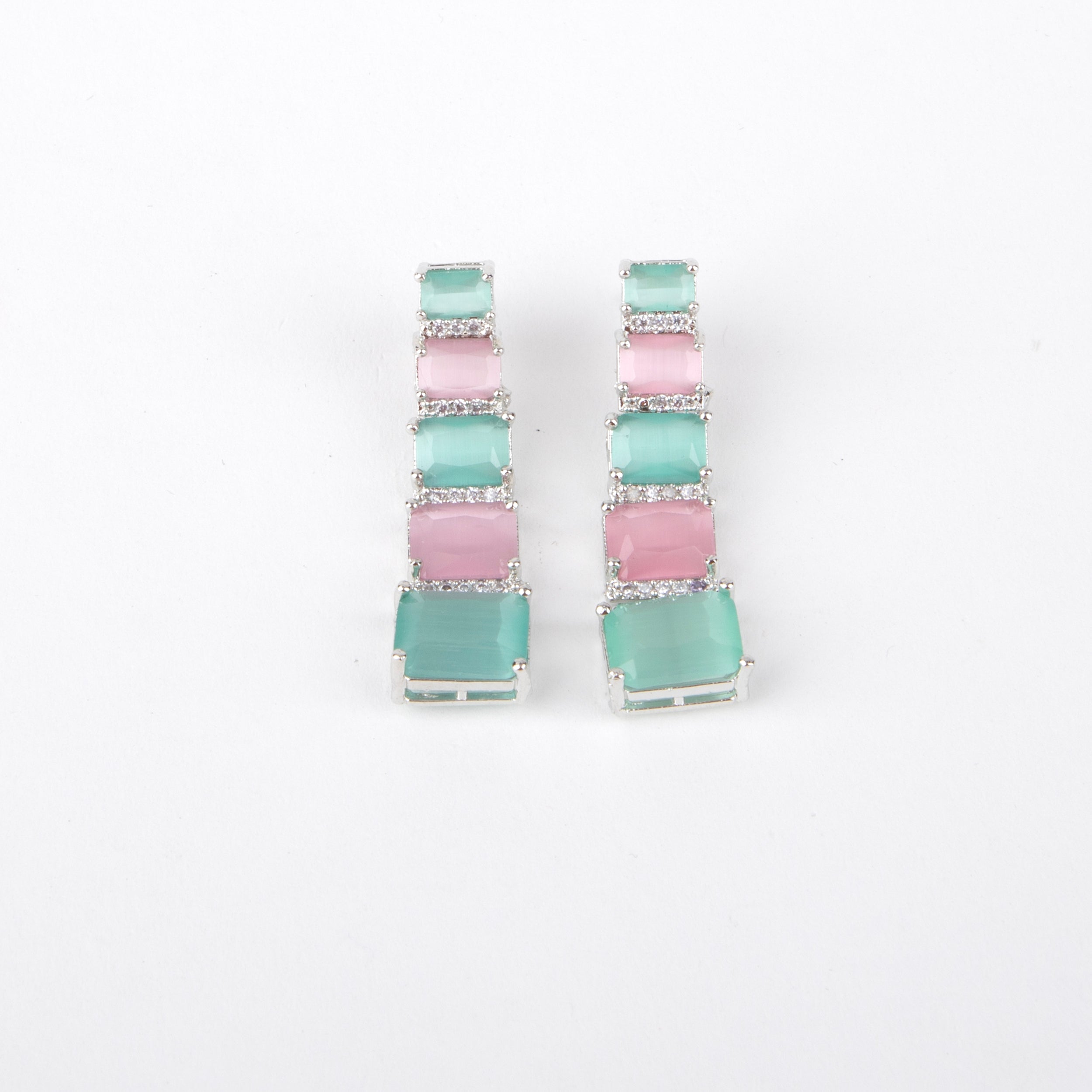 Emerald Green  and pink Gemstone Earrings with American Diamonds, 6 Rectangular Stones Each