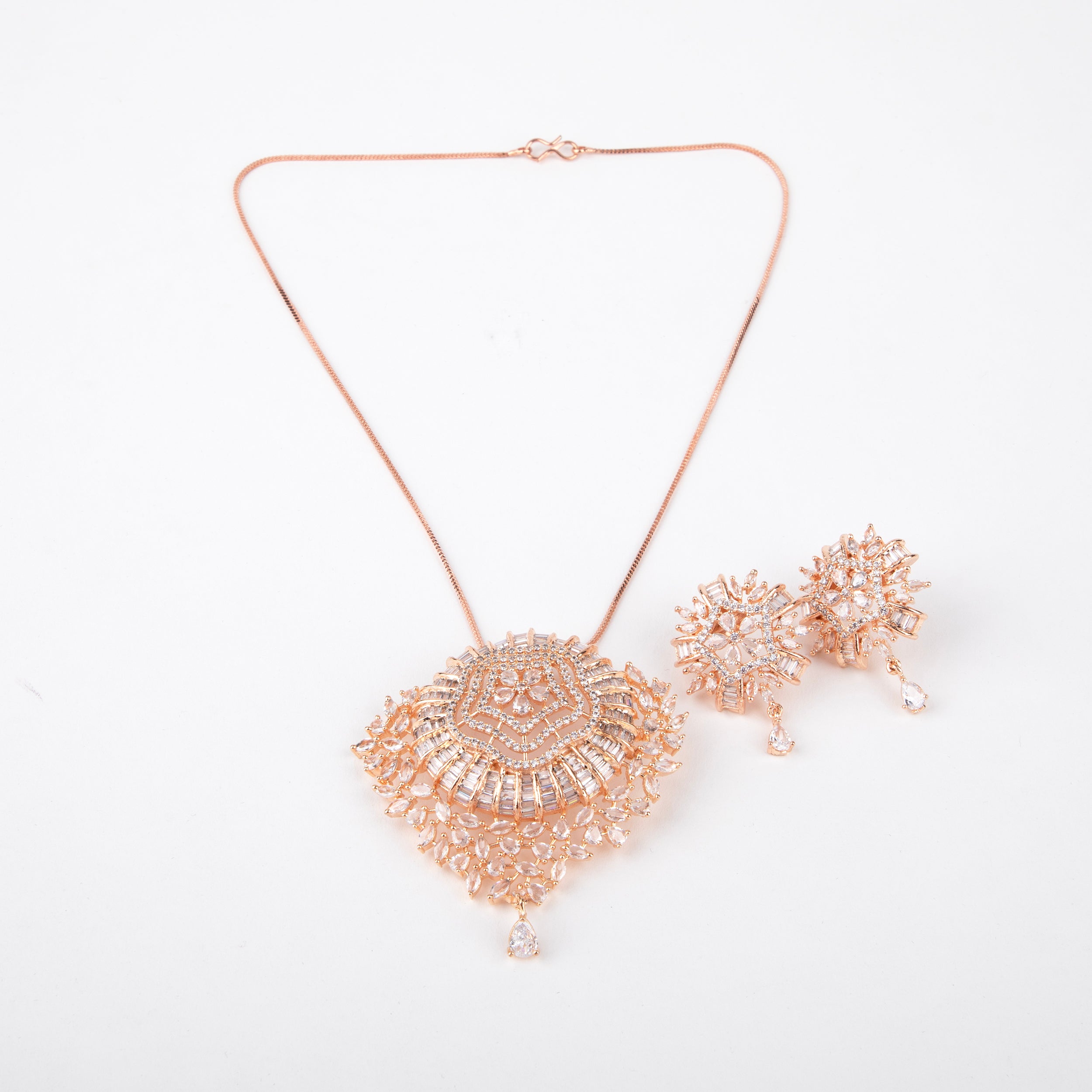 LA FILLE D'OR Rose Gold Plated Necklace Set with Intricate Crystal Embellished Pendant.