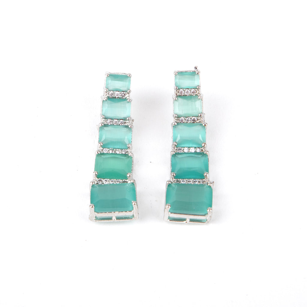 Emerald Green Gemstone Earrings with American Diamonds, 6 Rectangular Stones Each