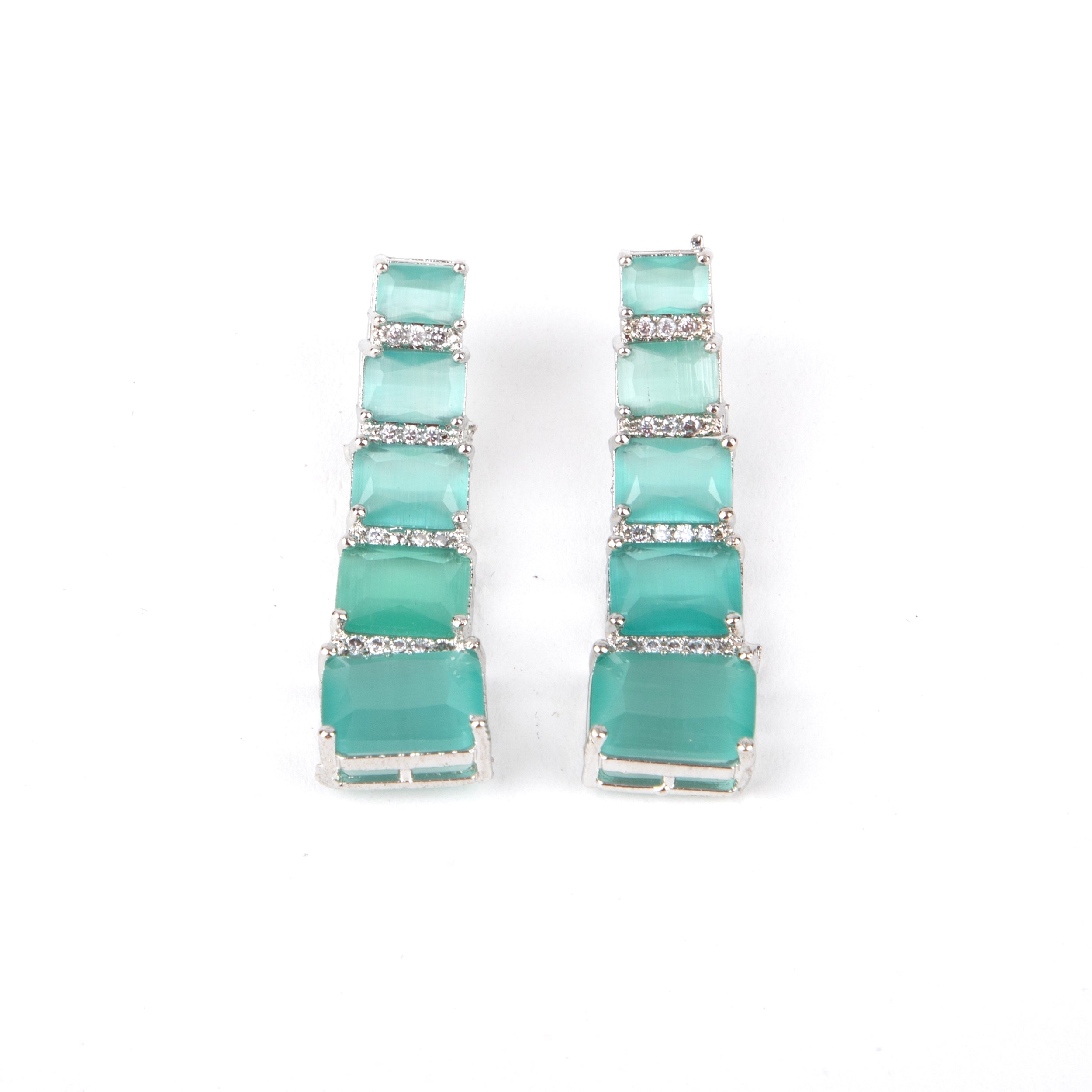 Emerald Green Gemstone Earrings with American Diamonds, 6 Rectangular Stones Each