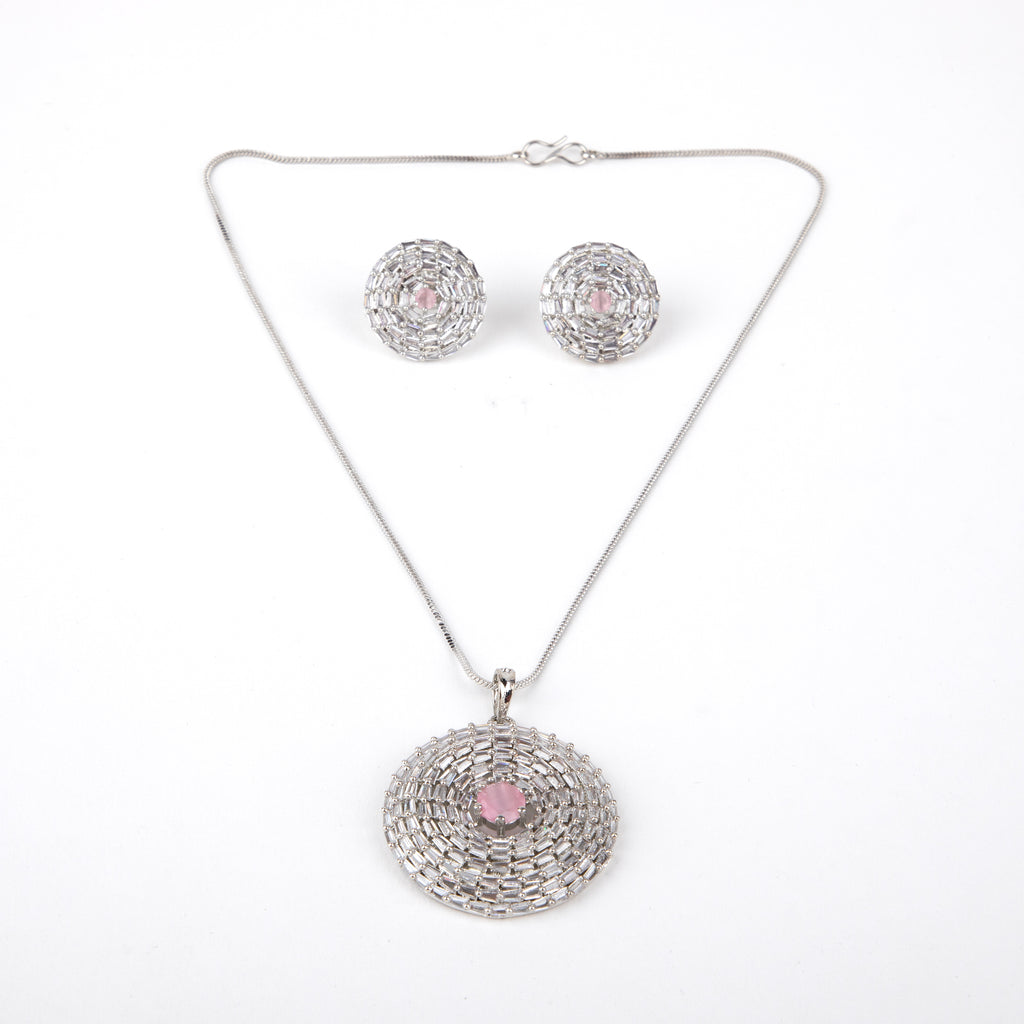 LA FILLE D'OR Jewellery Pendant Set with american diamonds with Earrings (PINK, ONE SIZE)