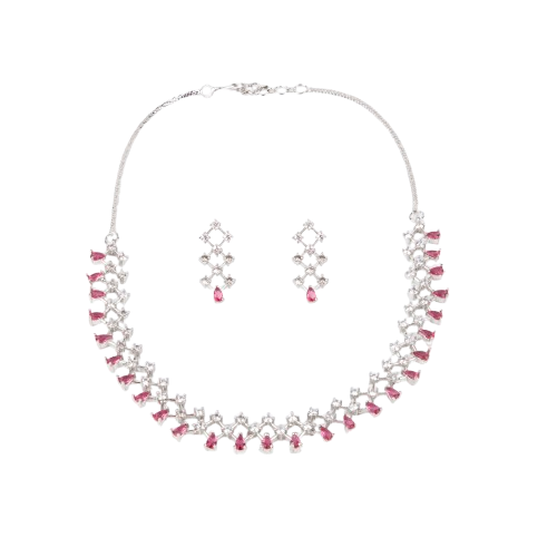 Emerald and Cubic Zirconia Necklace Set, 42 cm Necklace with Earrings (EMRALD GREEN, ONE SIZE)
