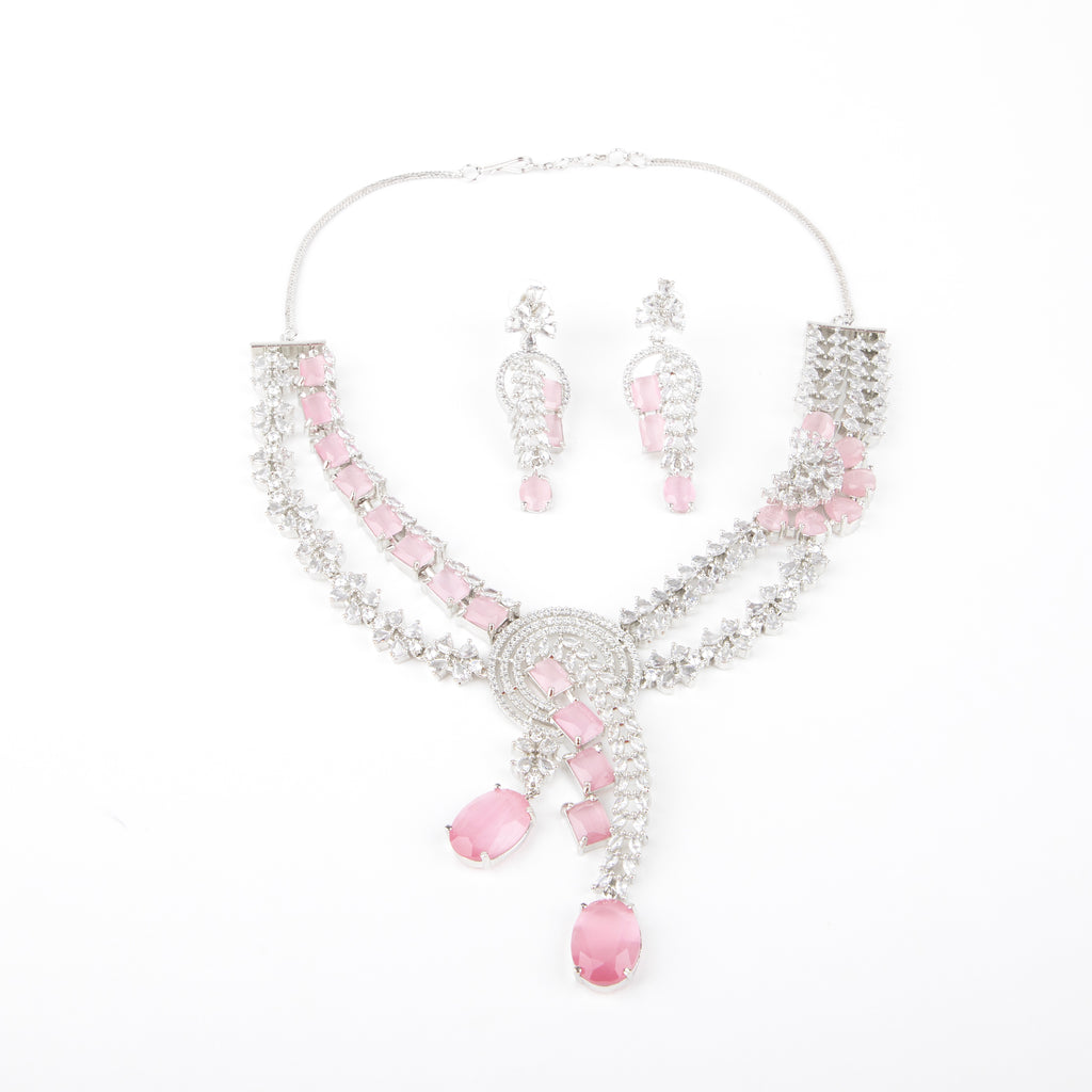 LA FILLE D'OR Elegant Pink Crystal Jewellery Set, Necklace with Earrings, 42 cm